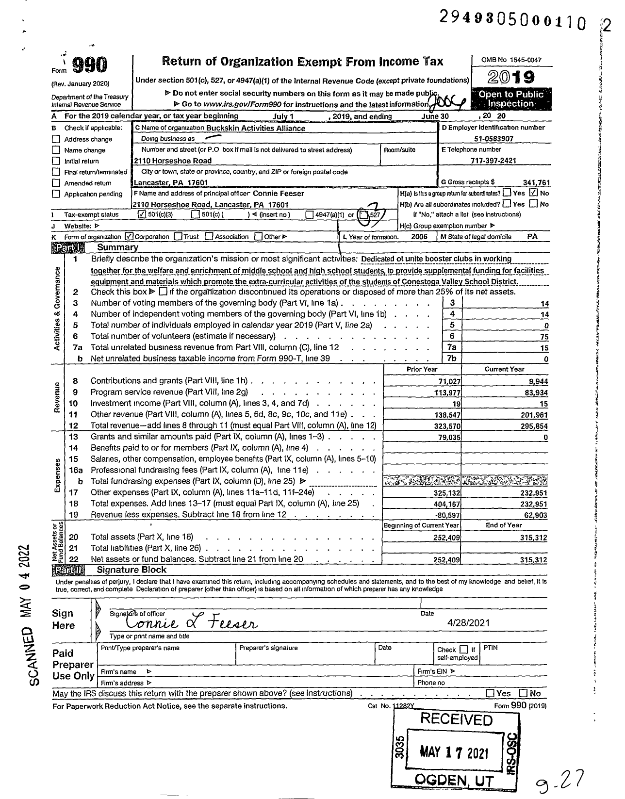 Image of first page of 2019 Form 990 for Buckskin Activities Alliance