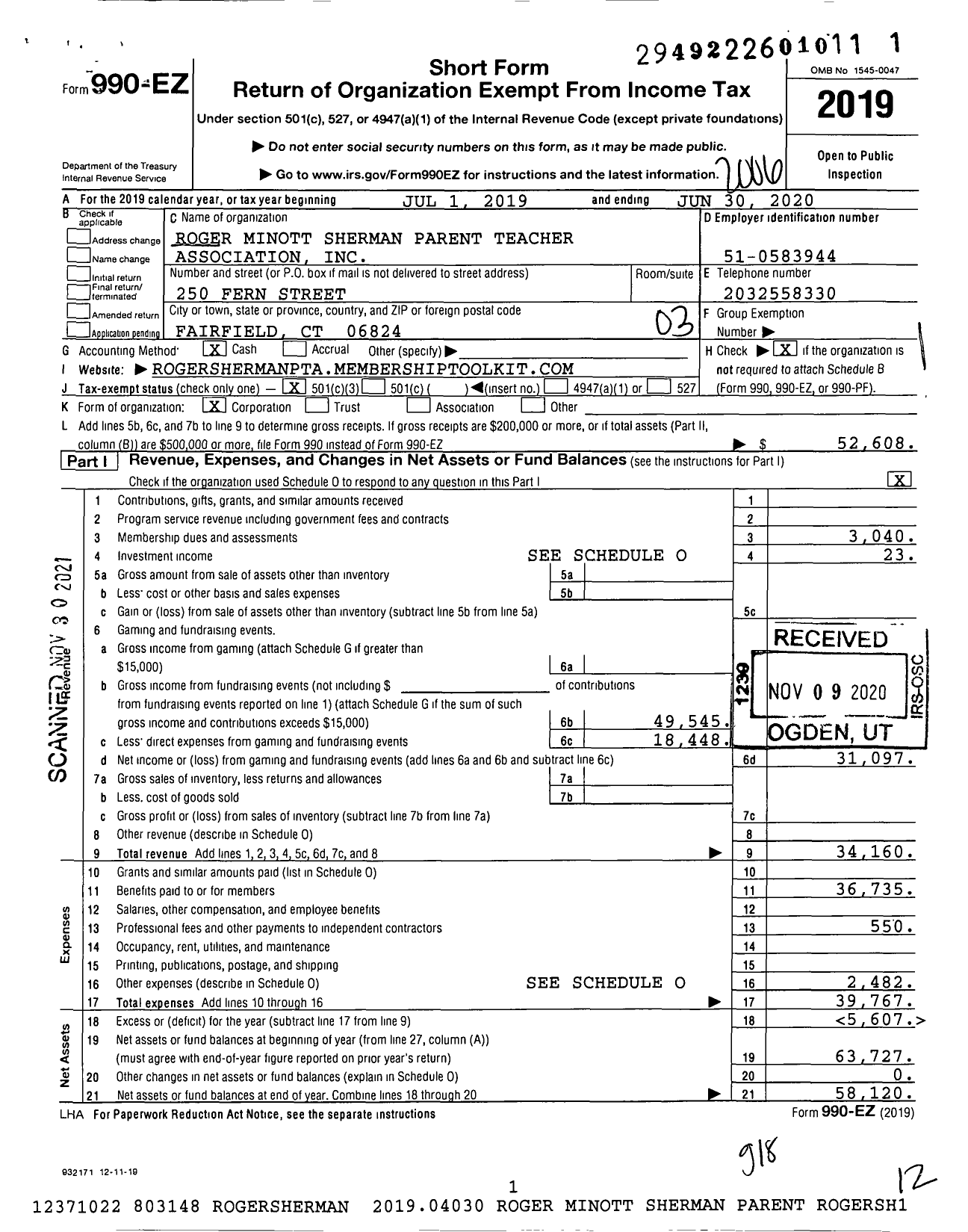 Image of first page of 2019 Form 990EZ for CT PTA - Roger Sherman PTA