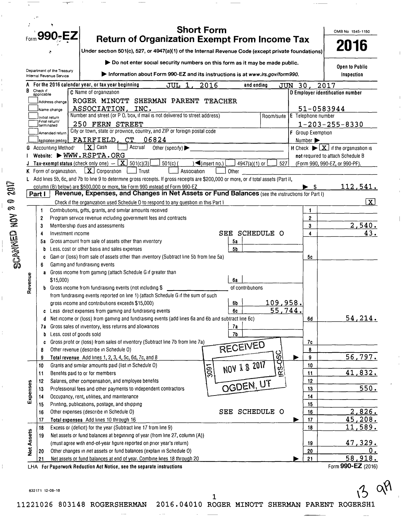 Image of first page of 2016 Form 990EZ for CT PTA - Roger Sherman PTA