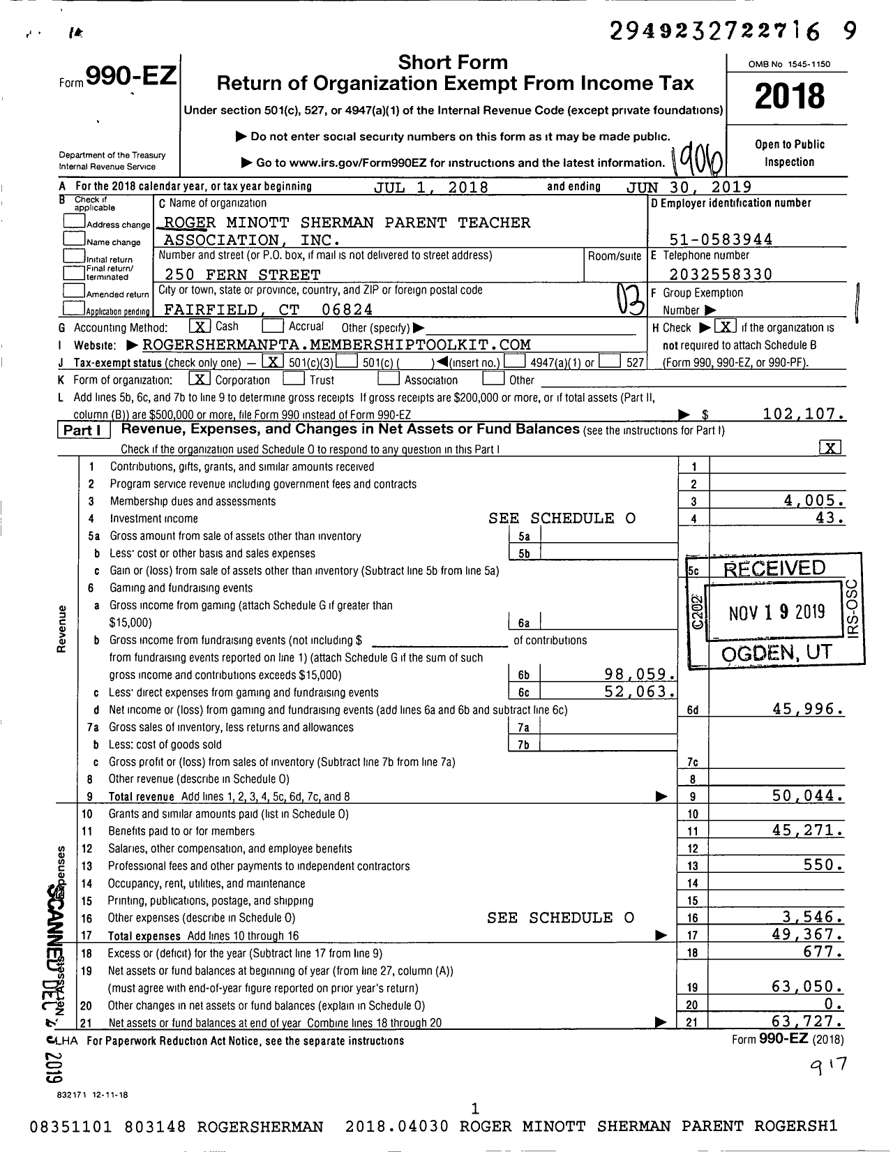 Image of first page of 2018 Form 990EZ for CT PTA - Roger Sherman PTA