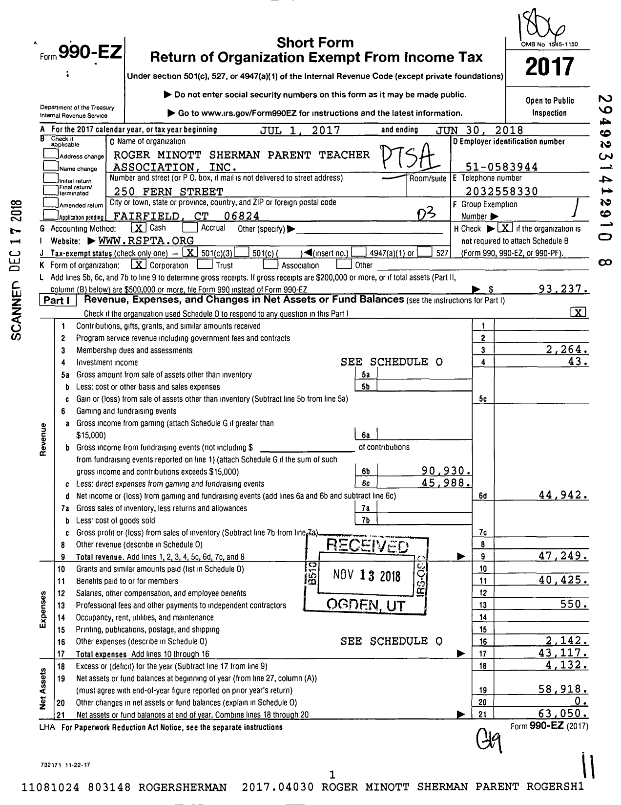 Image of first page of 2017 Form 990EZ for CT PTA - Roger Sherman PTA