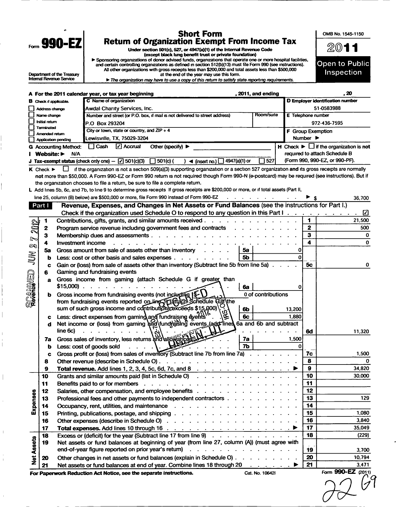 Image of first page of 2011 Form 990EZ for Awdal Charity Services