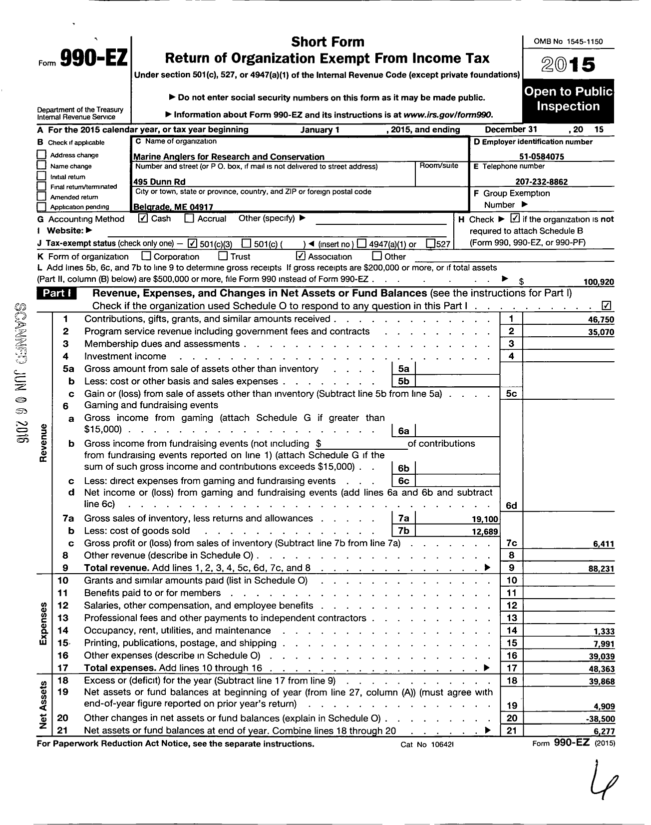 Image of first page of 2015 Form 990EZ for Marine Anglers for Research and Conservation