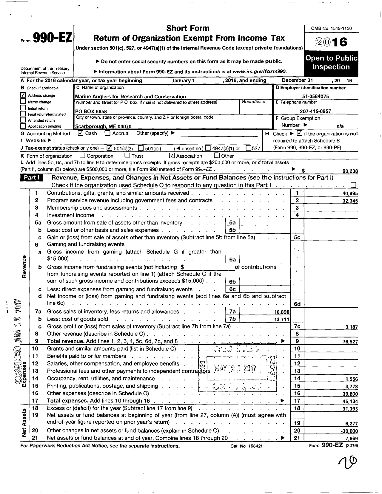 Image of first page of 2016 Form 990EZ for Marine Anglers for Research and Conservation