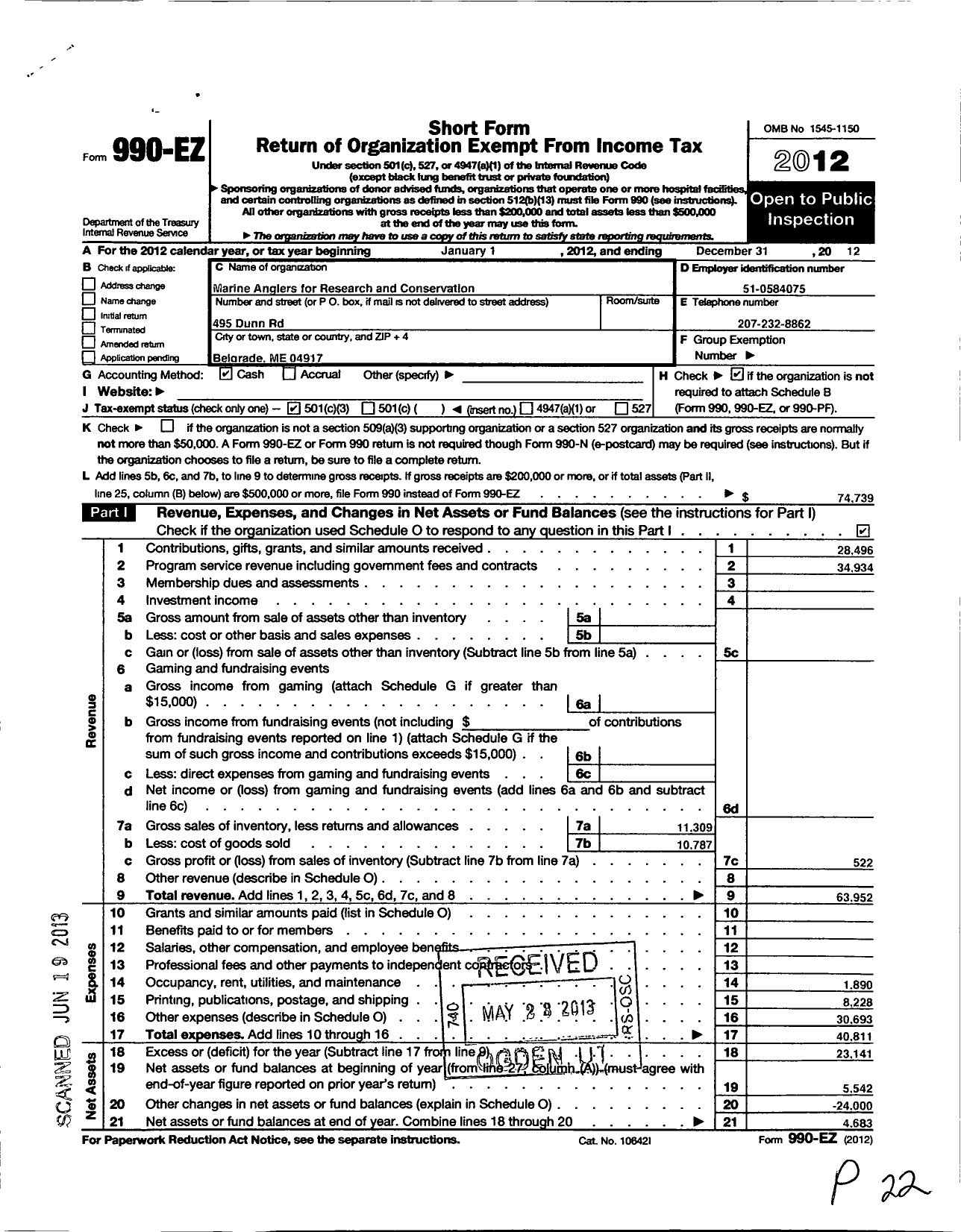 Image of first page of 2012 Form 990EZ for Marine Anglers for Research and Conservation