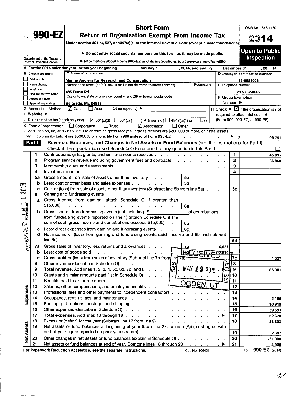 Image of first page of 2014 Form 990EZ for Marine Anglers for Research and Conservation