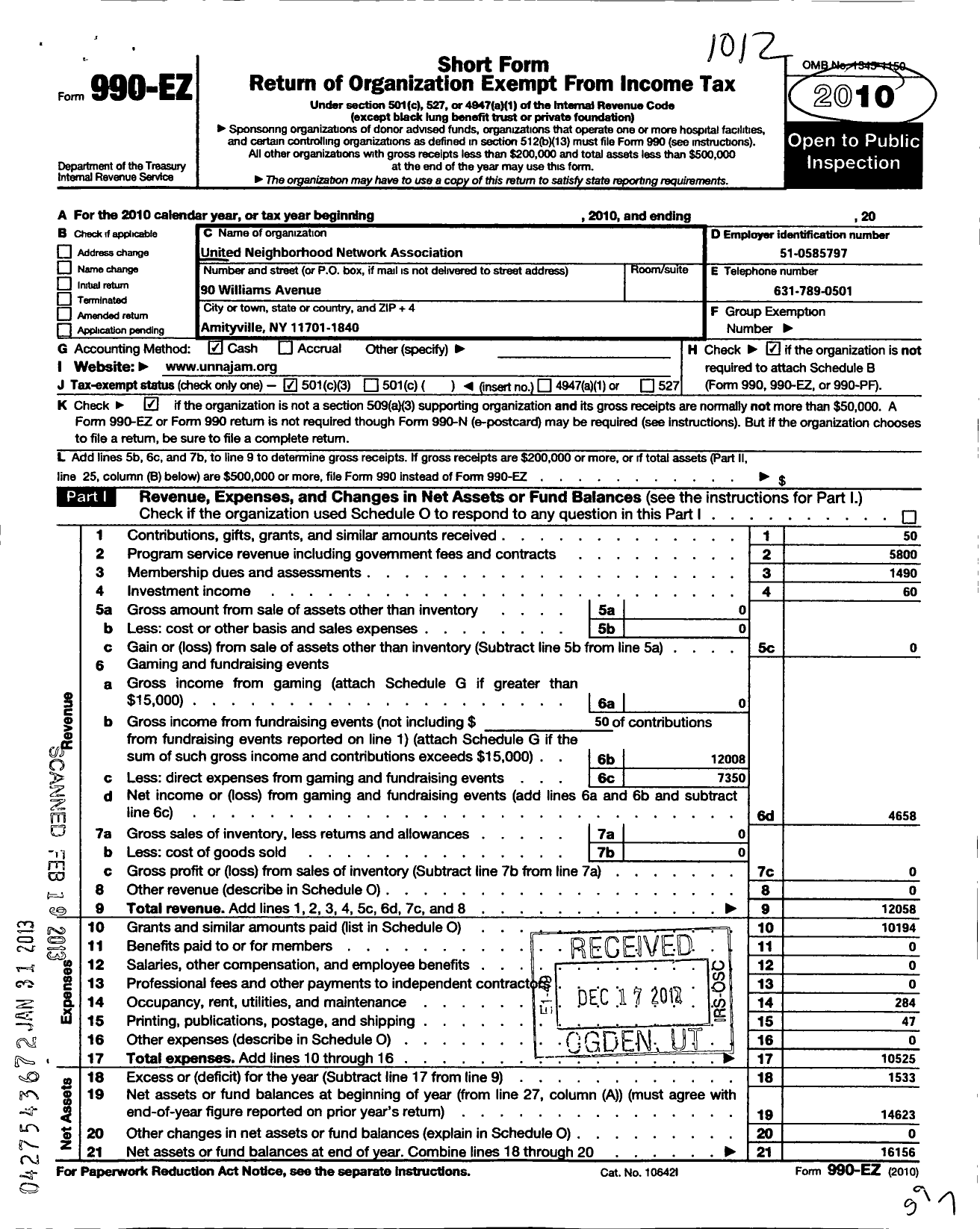 Image of first page of 2010 Form 990EZ for United Neighborhood Network Association