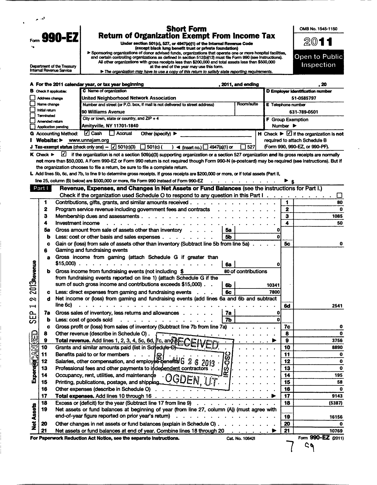 Image of first page of 2011 Form 990EZ for United Neighborhood Network Association