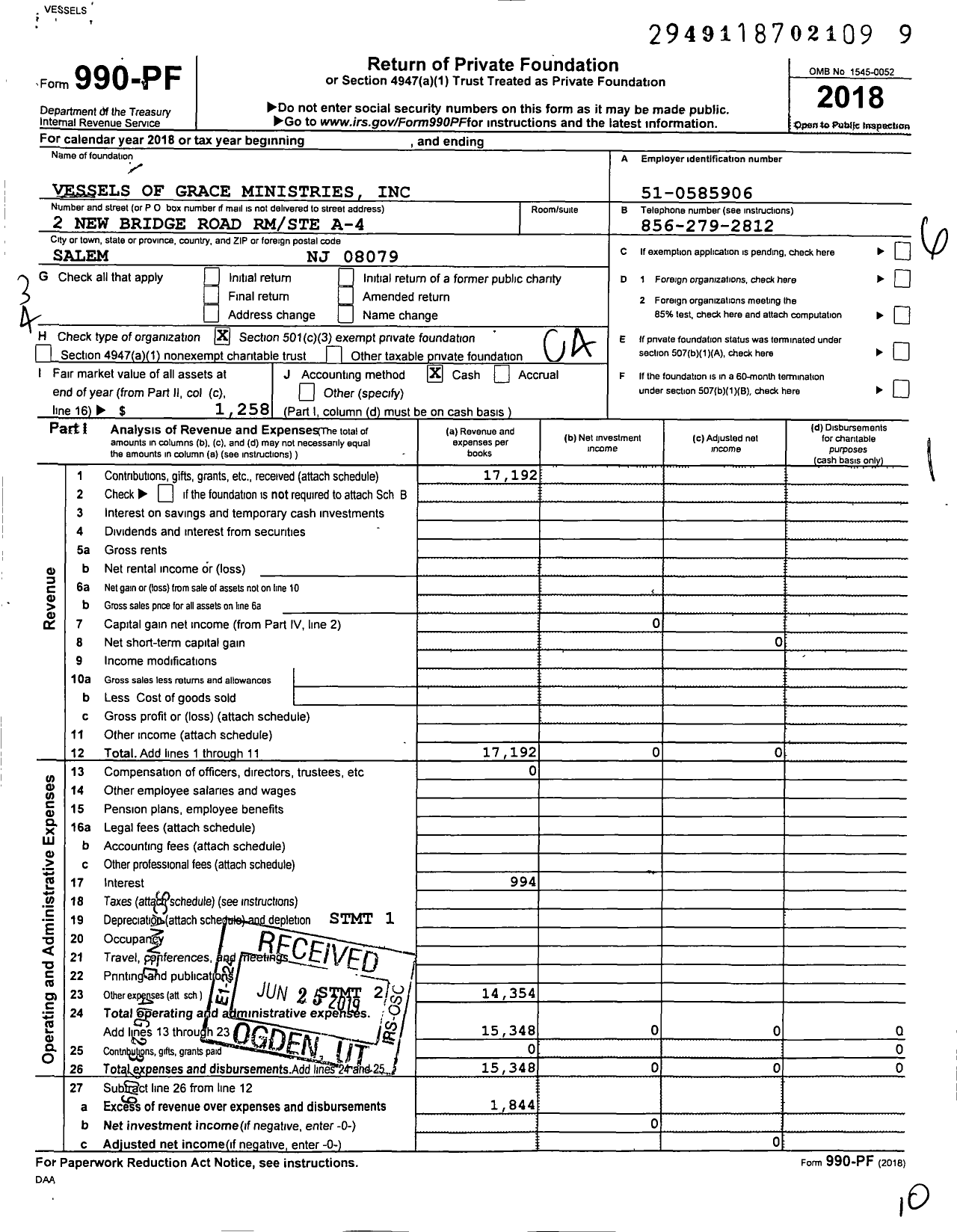 Image of first page of 2018 Form 990PF for Vessels of Grace Ministries