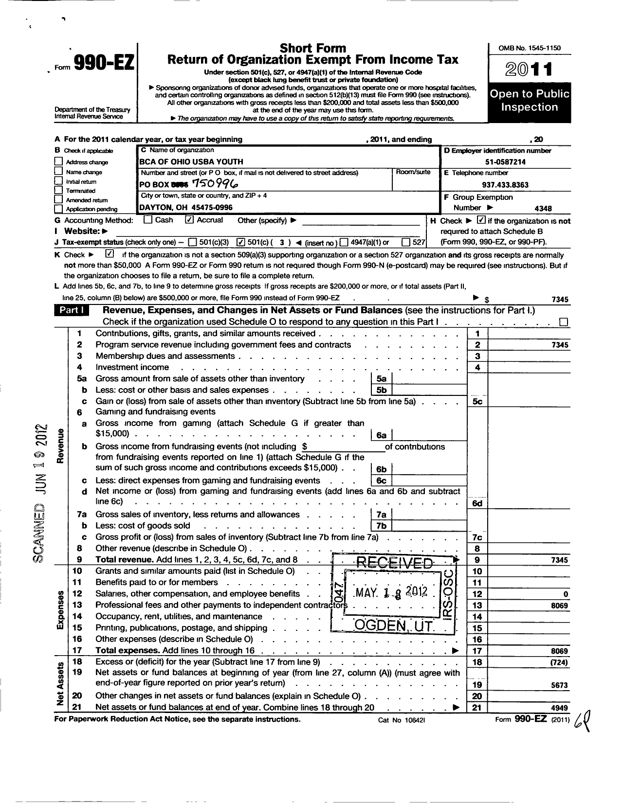 Image of first page of 2011 Form 990EZ for United States Bowling Congress - 85218 Ohio Bpa Usbc Aal