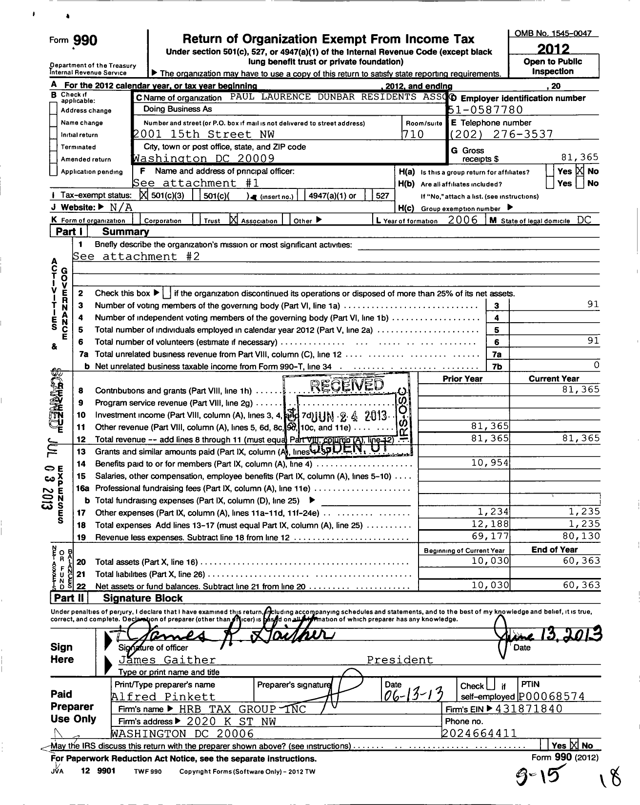 Image of first page of 2012 Form 990 for Paul Laurence Dunbar Residents Association