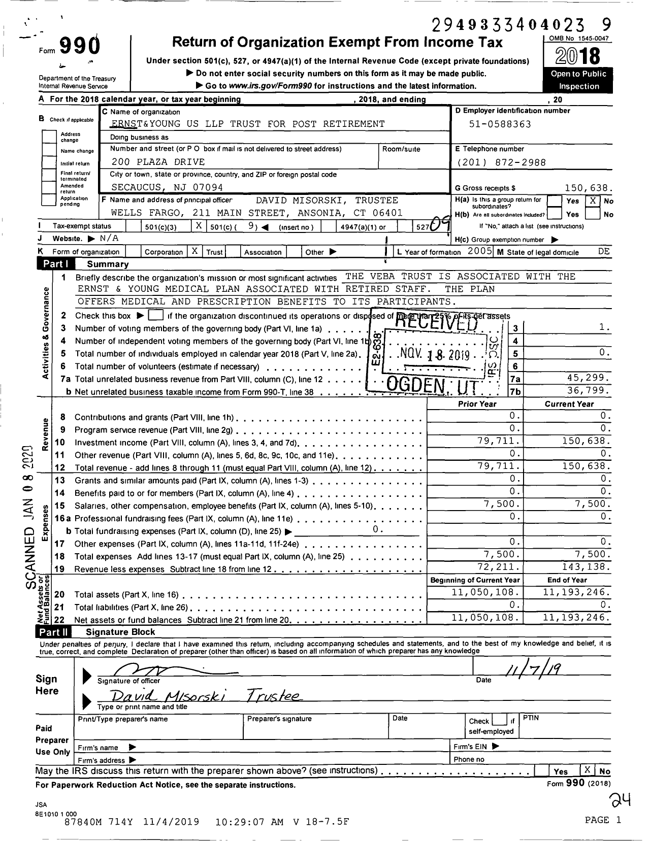 Image of first page of 2018 Form 990O for Ernst&Young US LLP Trust for Post Retirement