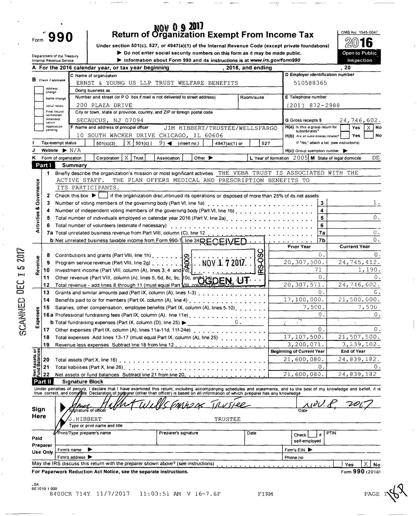 Image of first page of 2016 Form 990O for Ernst and Young US LLP Trust for Welfare Benefits