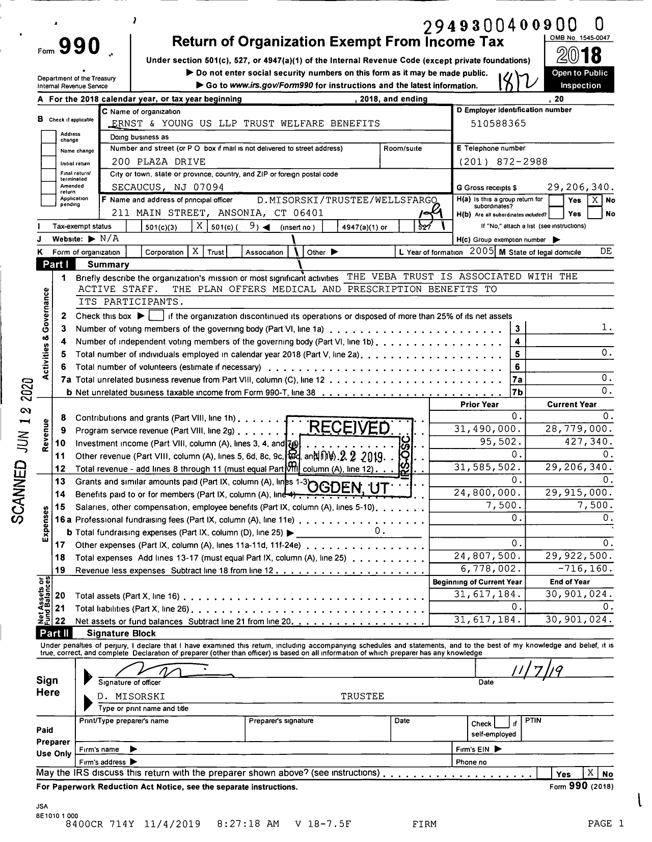 Image of first page of 2018 Form 990O for Ernst and Young US LLP Trust for Welfare Benefits