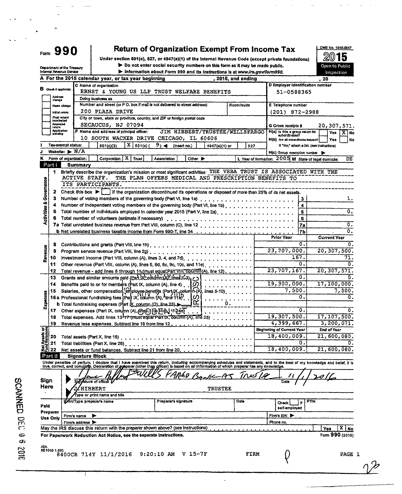 Image of first page of 2015 Form 990O for Ernst and Young US LLP Trust for Welfare Benefits