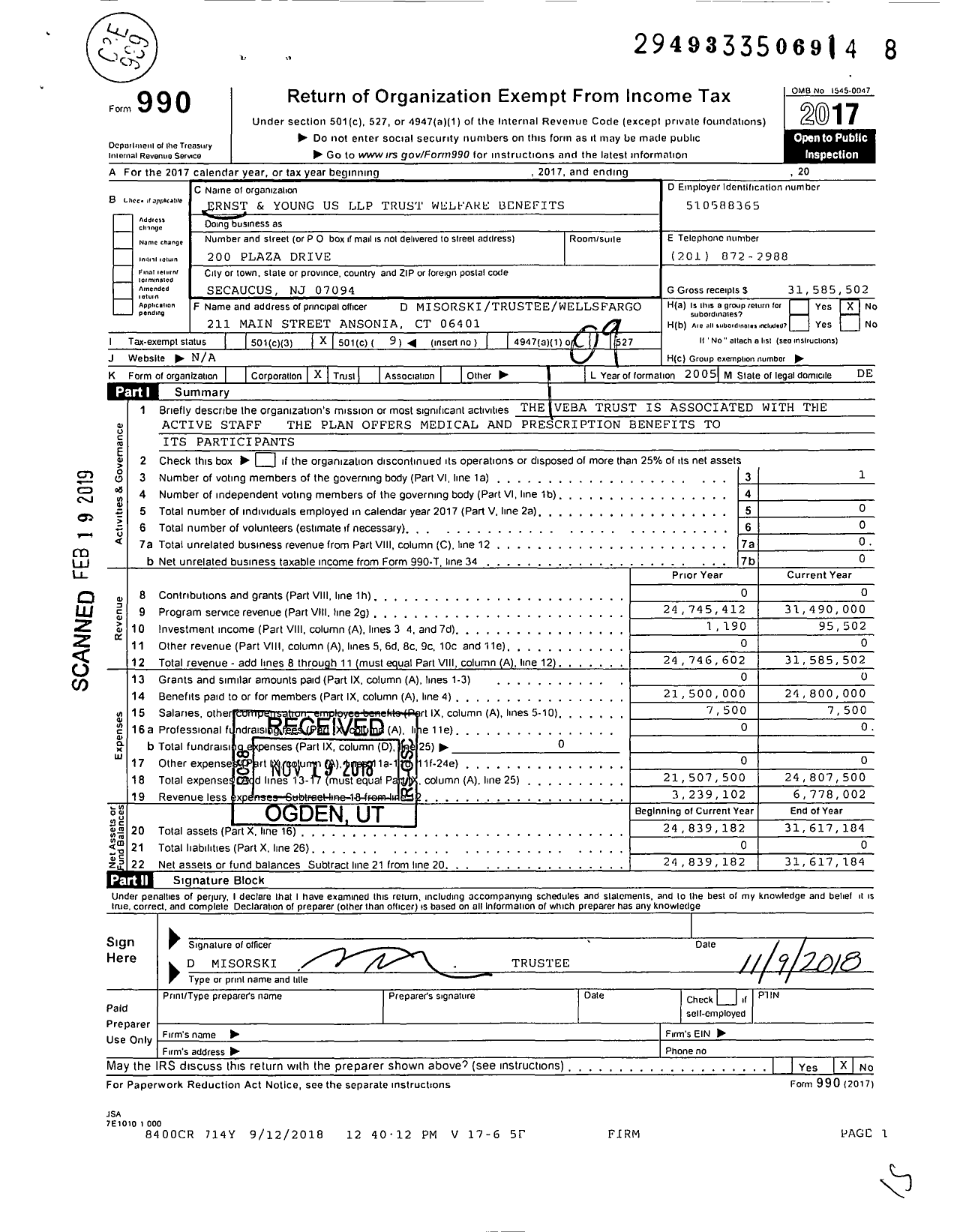 Image of first page of 2017 Form 990O for Ernst and Young US LLP Trust for Welfare Benefits
