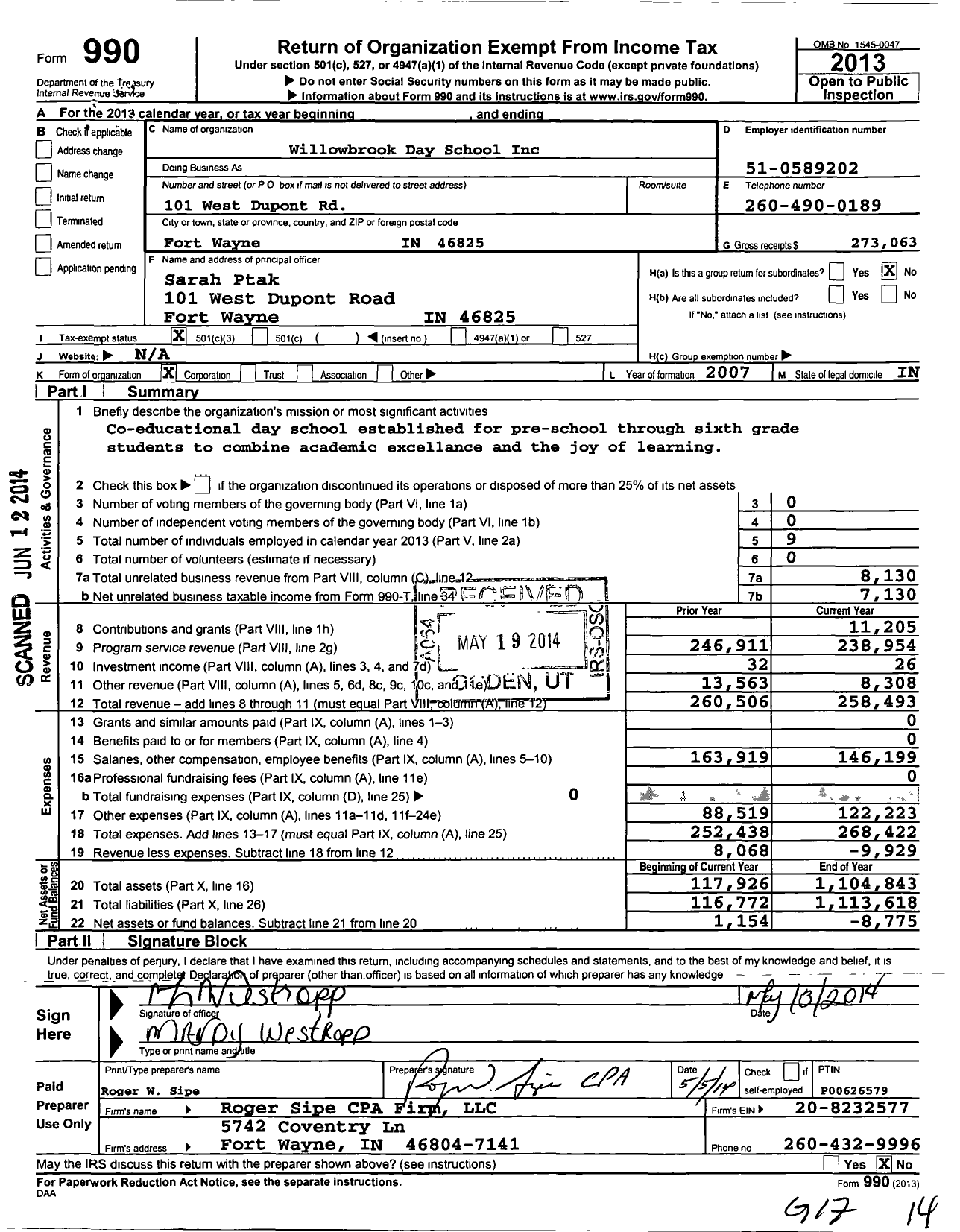 Image of first page of 2013 Form 990 for Willowbrook Day School Incorporated