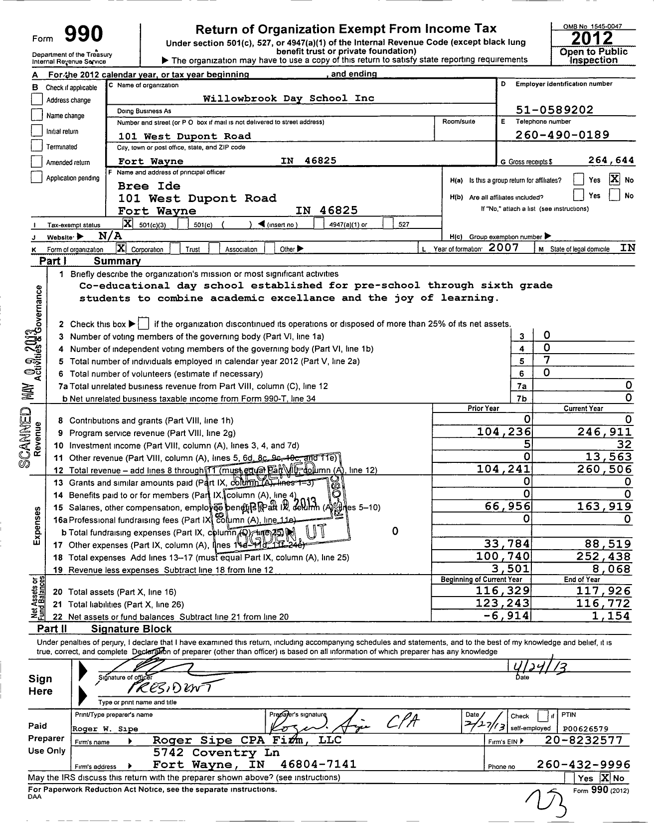 Image of first page of 2012 Form 990 for Willowbrook Day School Incorporated