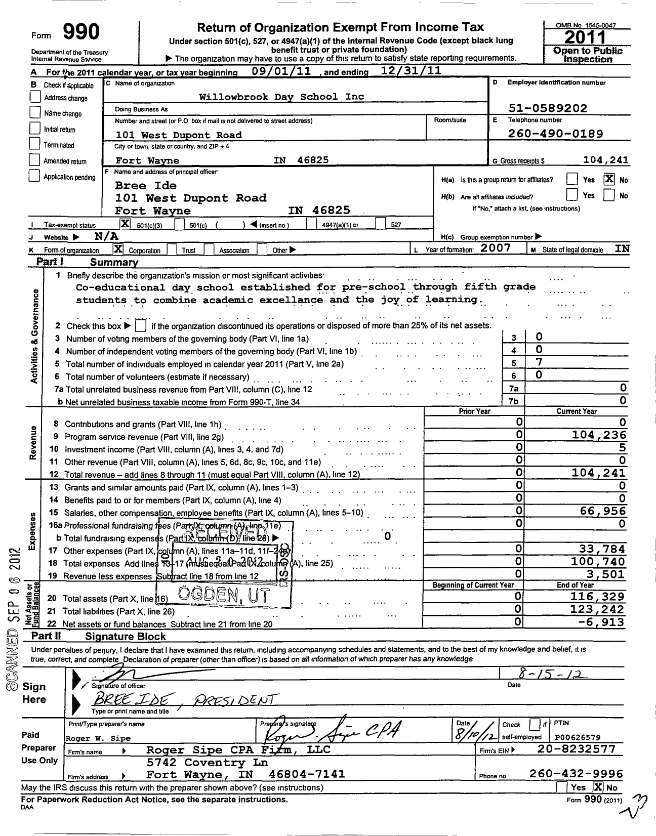 Image of first page of 2011 Form 990 for Willowbrook Day School Incorporated