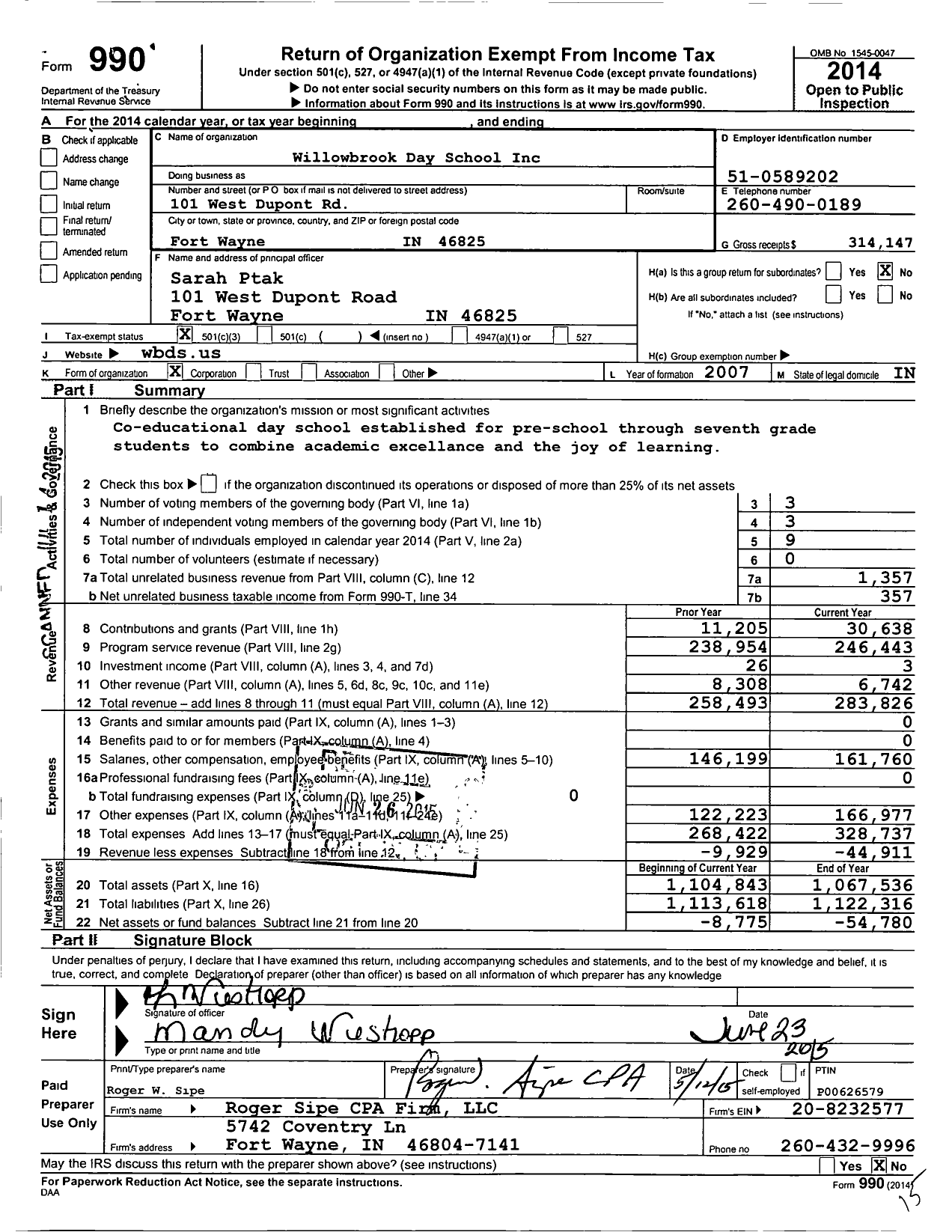 Image of first page of 2014 Form 990 for Willowbrook Day School Incorporated