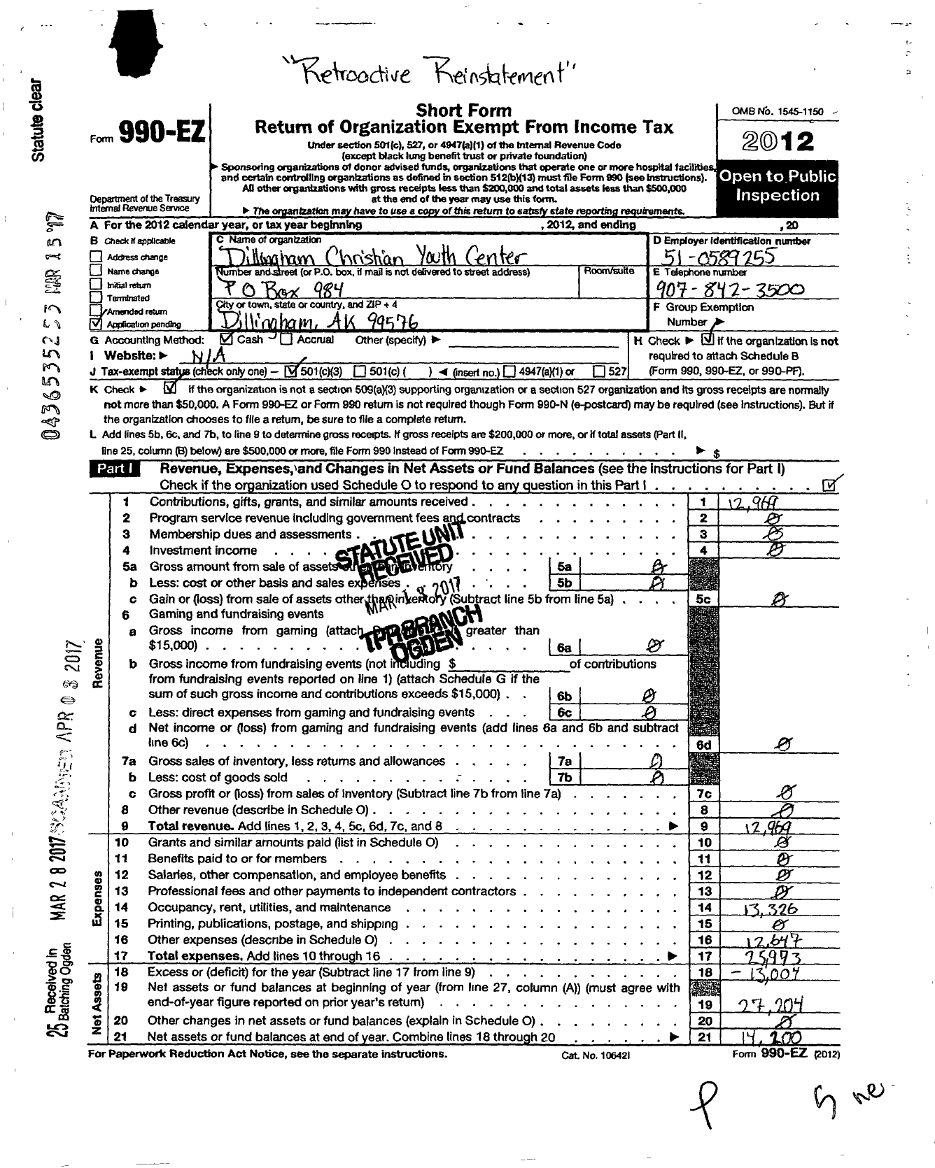 Image of first page of 2012 Form 990EZ for Dillingham Christian Youth Center