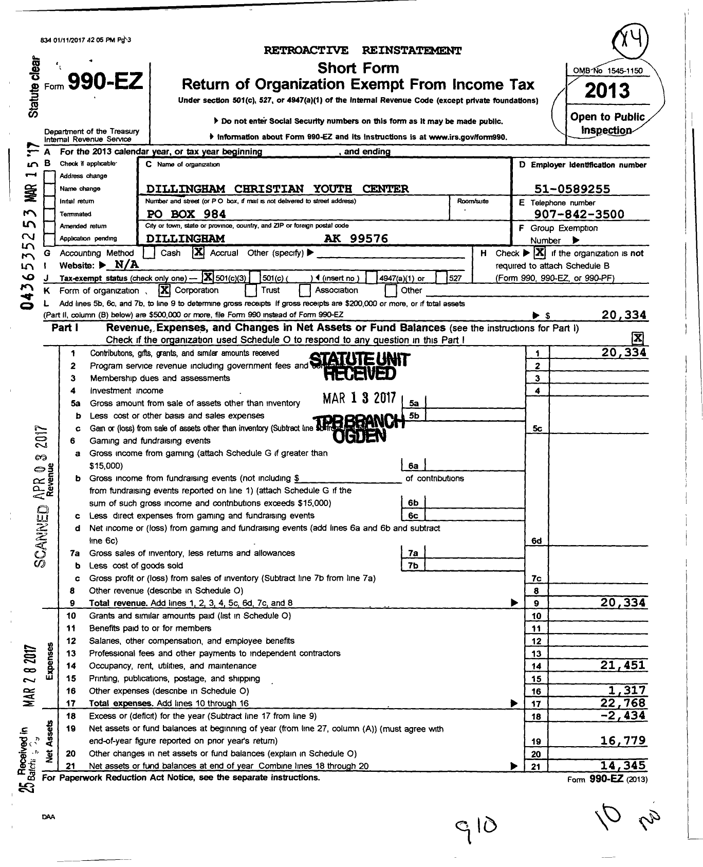 Image of first page of 2013 Form 990EZ for Dillingham Christian Youth Center