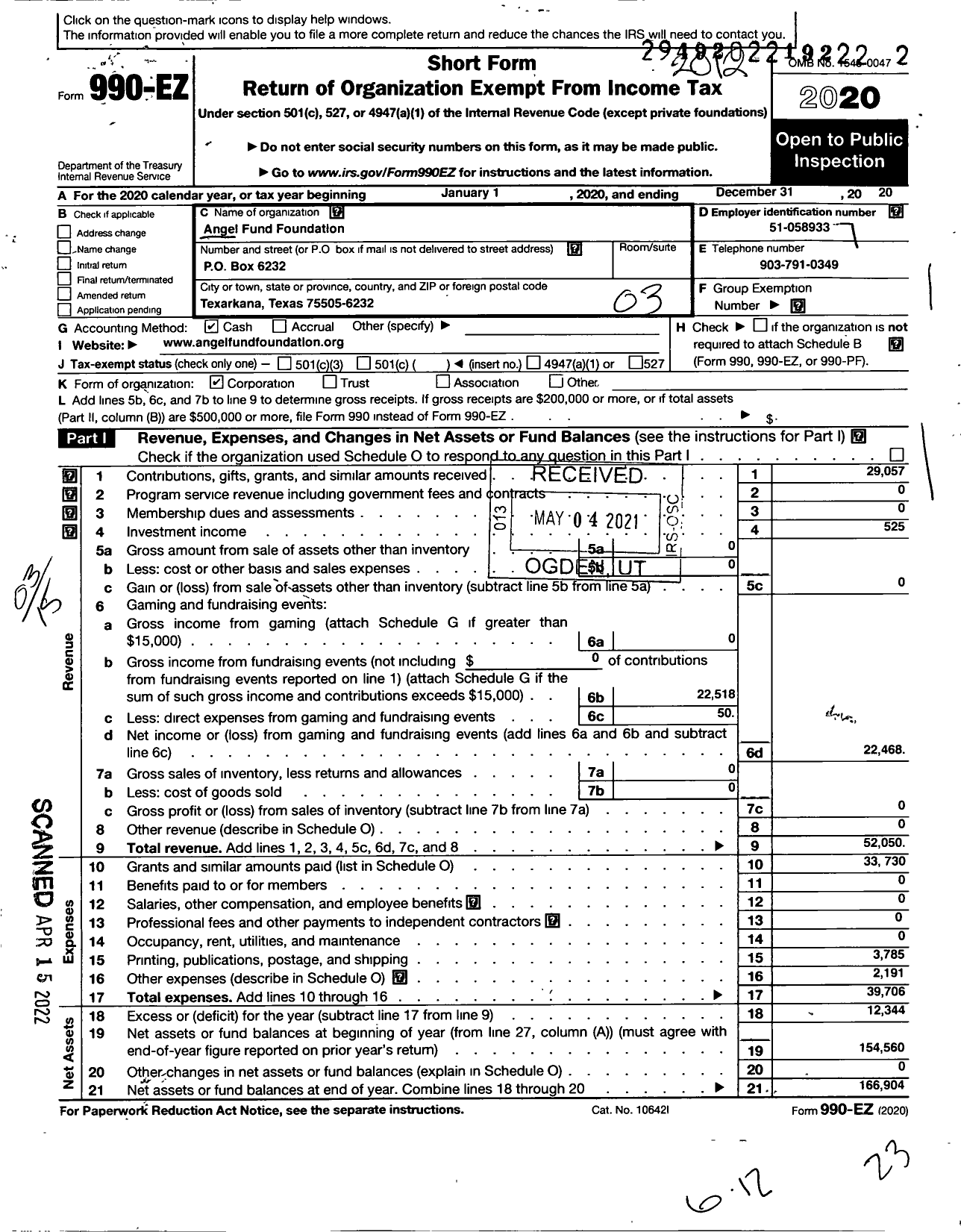 Image of first page of 2020 Form 990EZ for Angel Fund Foundation