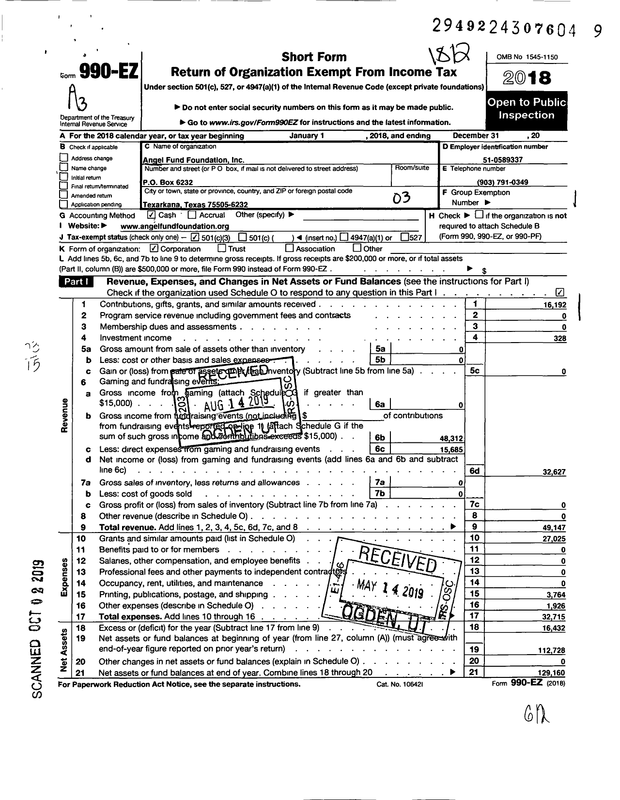 Image of first page of 2018 Form 990EZ for Angel Fund Foundation