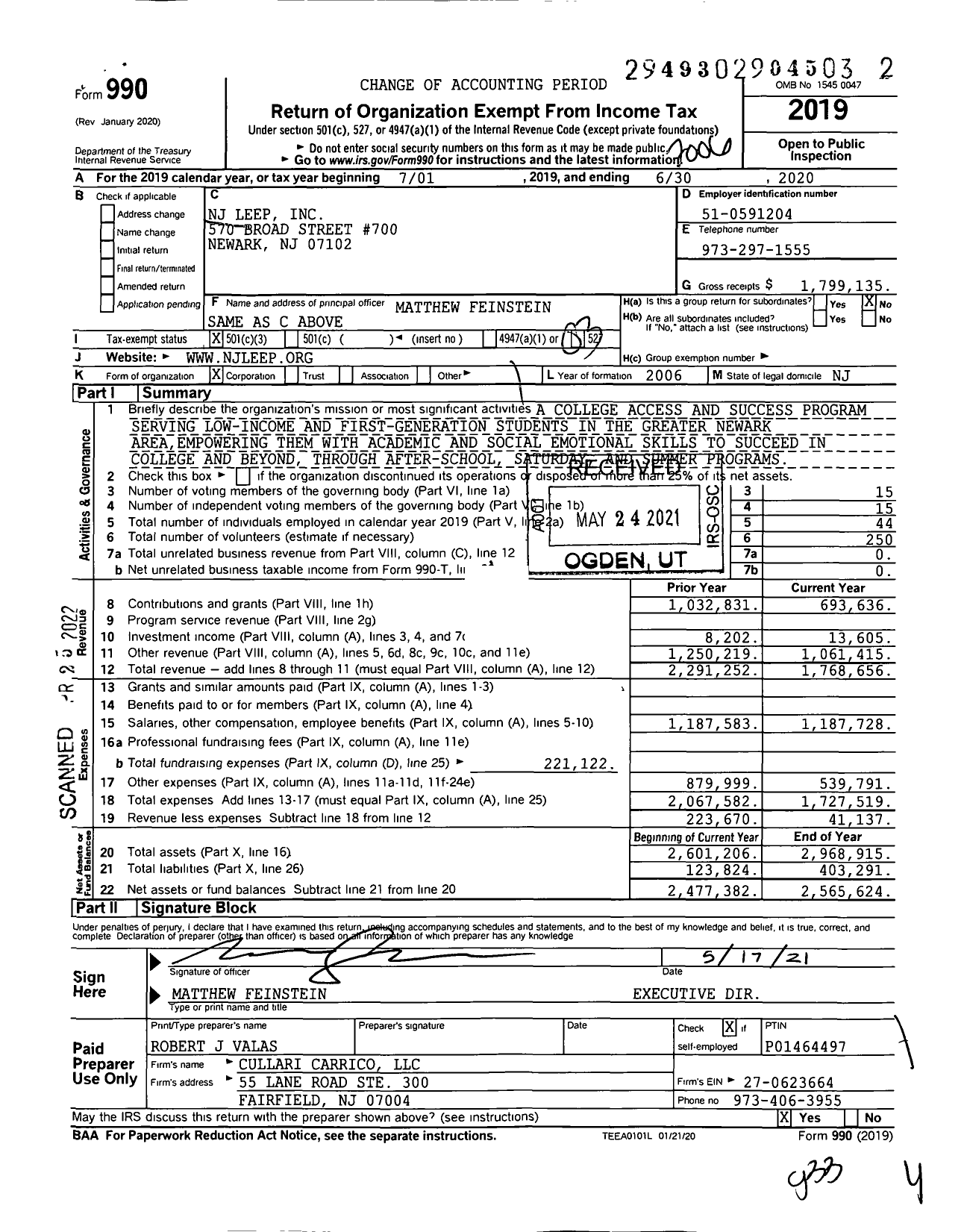 Image of first page of 2019 Form 990 for NJ Leep