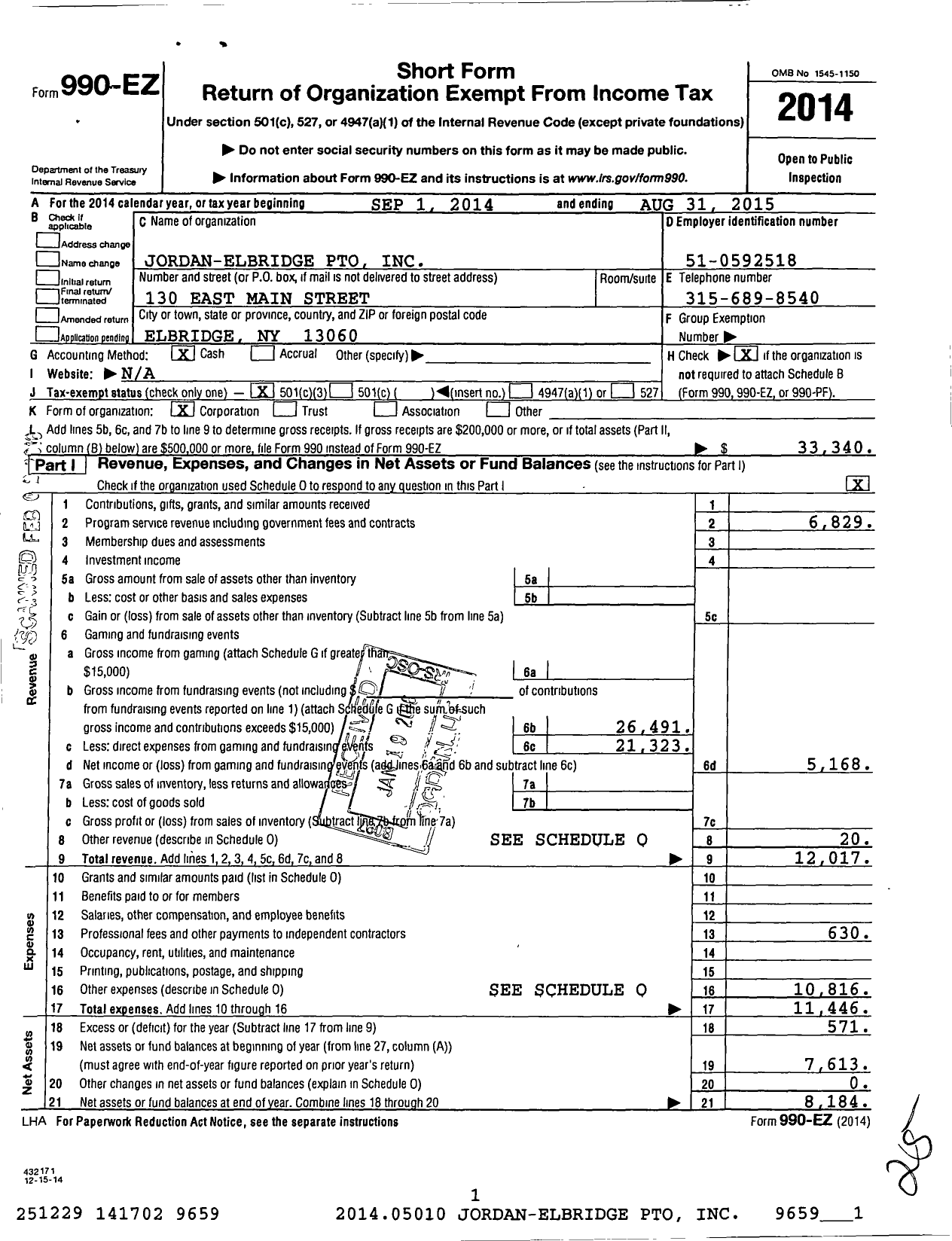 Image of first page of 2014 Form 990EZ for Jordan-Elbridge Pto