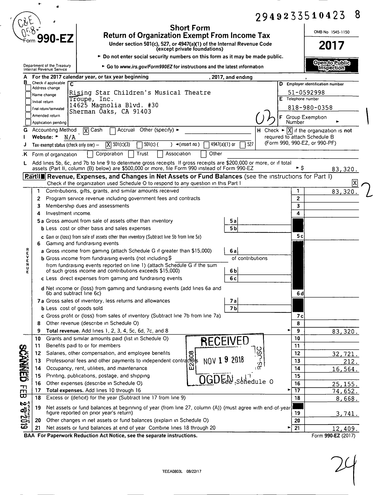 Image of first page of 2017 Form 990EZ for Rising Star Childrens Musical Theatre Troupe