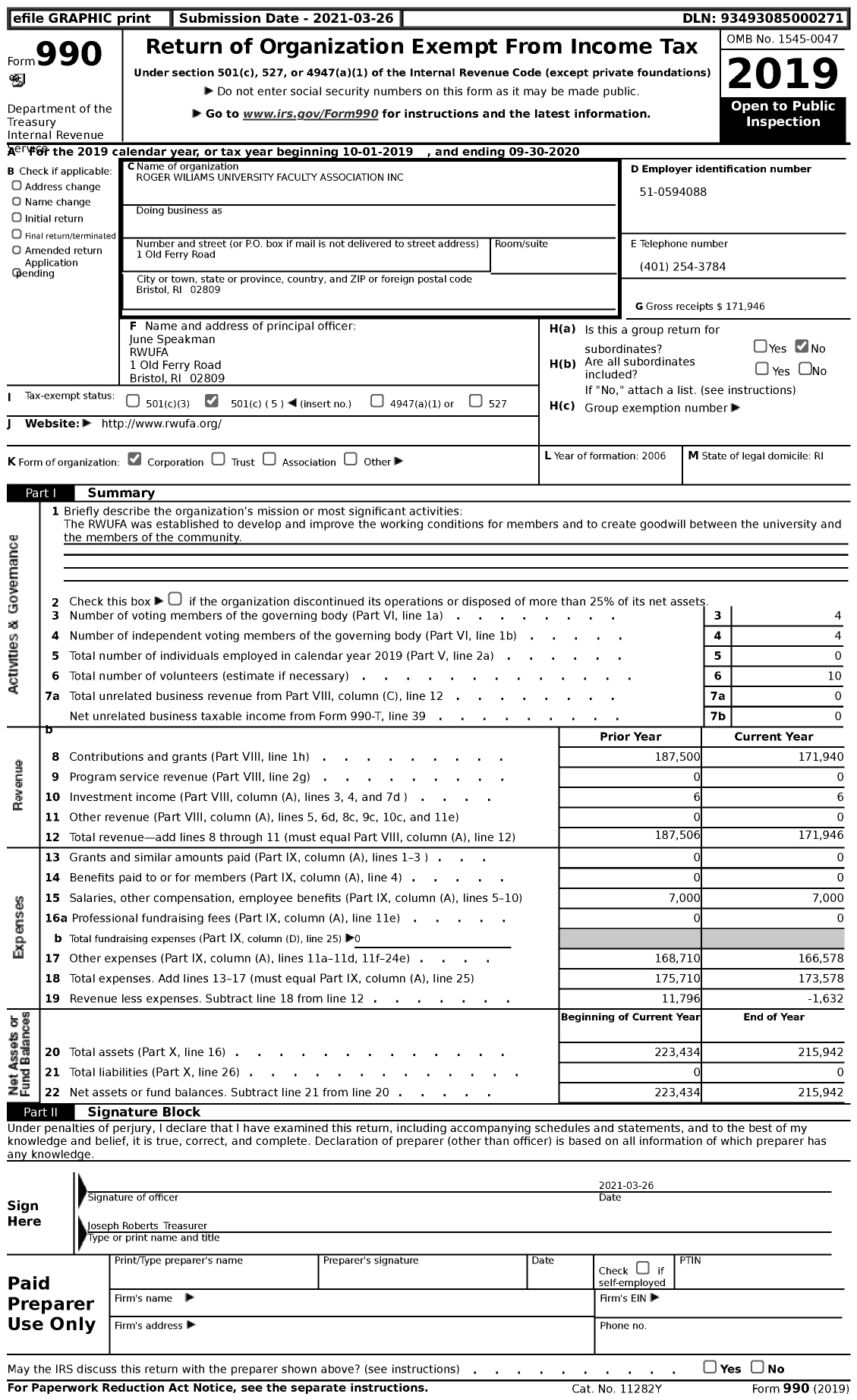 Image of first page of 2019 Form 990 for Roger Wiliams University Faculty Association