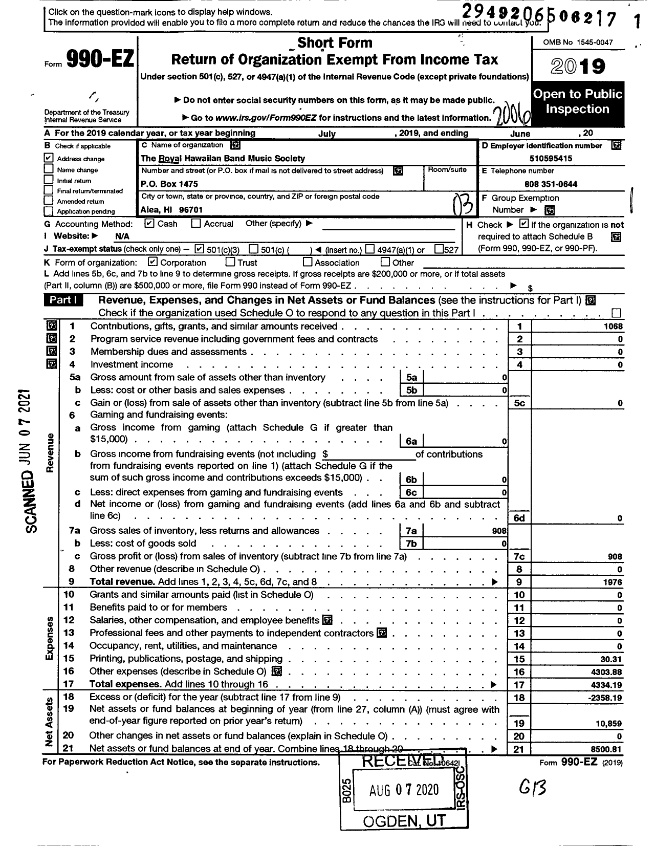 Image of first page of 2019 Form 990EZ for Royal Hawaiian Band Music Society