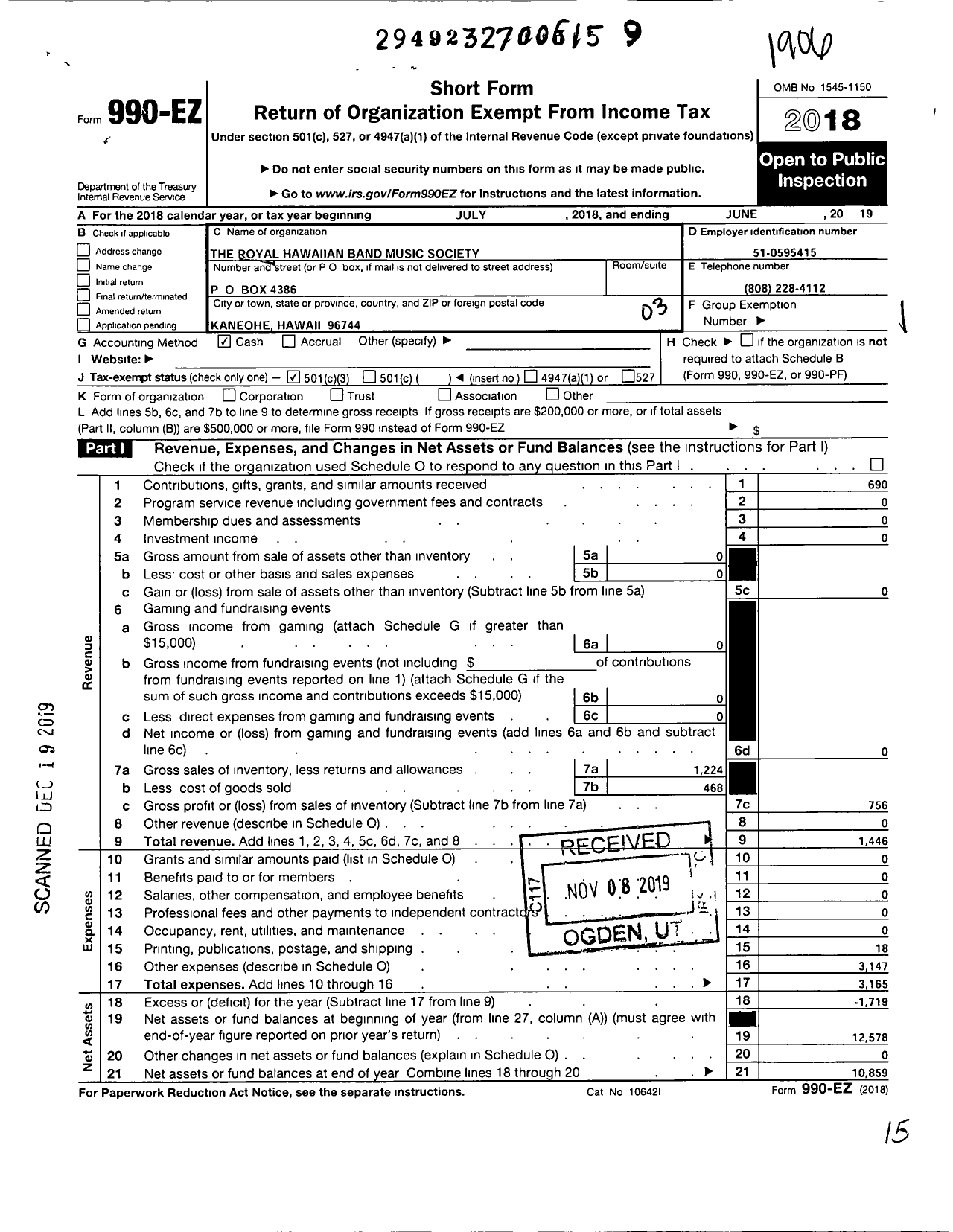 Image of first page of 2018 Form 990EZ for Royal Hawaiian Band Music Society