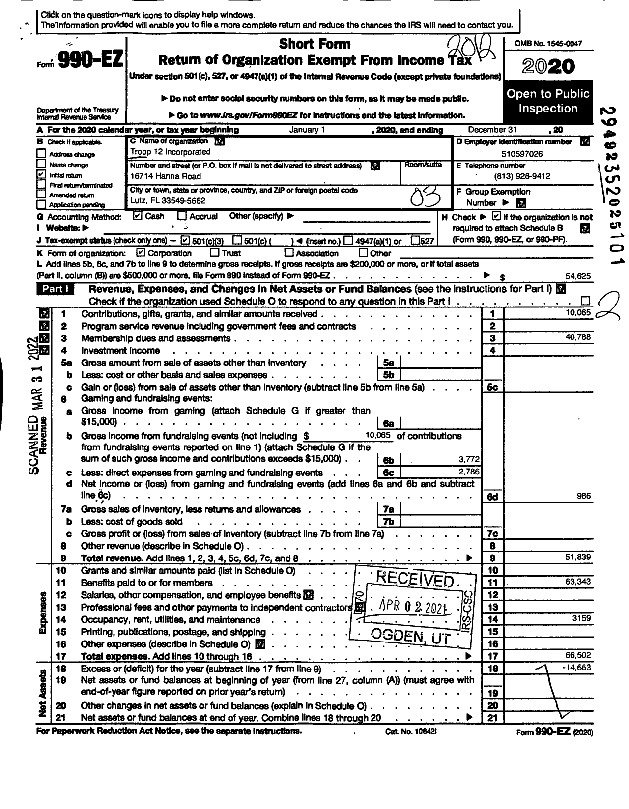 Image of first page of 2020 Form 990EZ for Troop 12 Incorporated