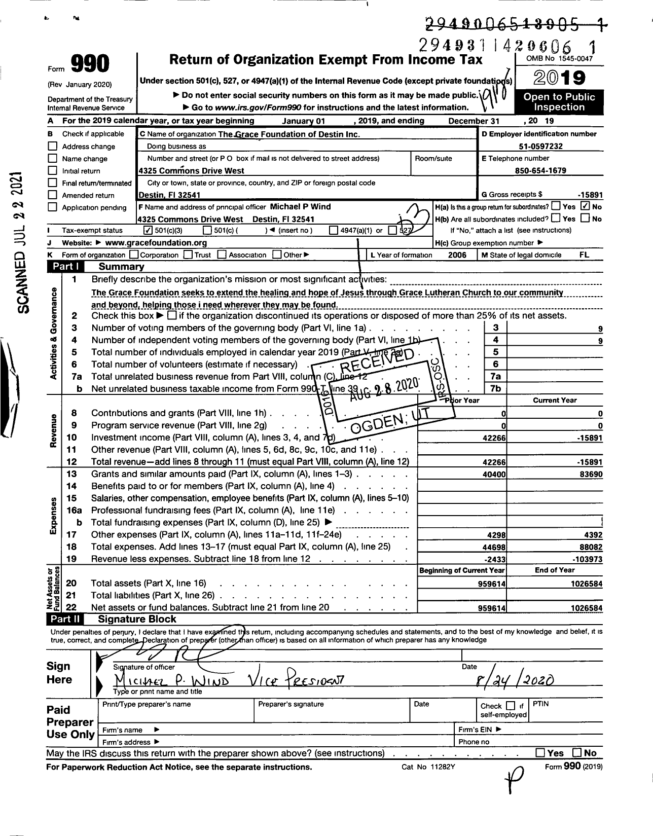 Image of first page of 2019 Form 990 for Grace Foundation of Destin