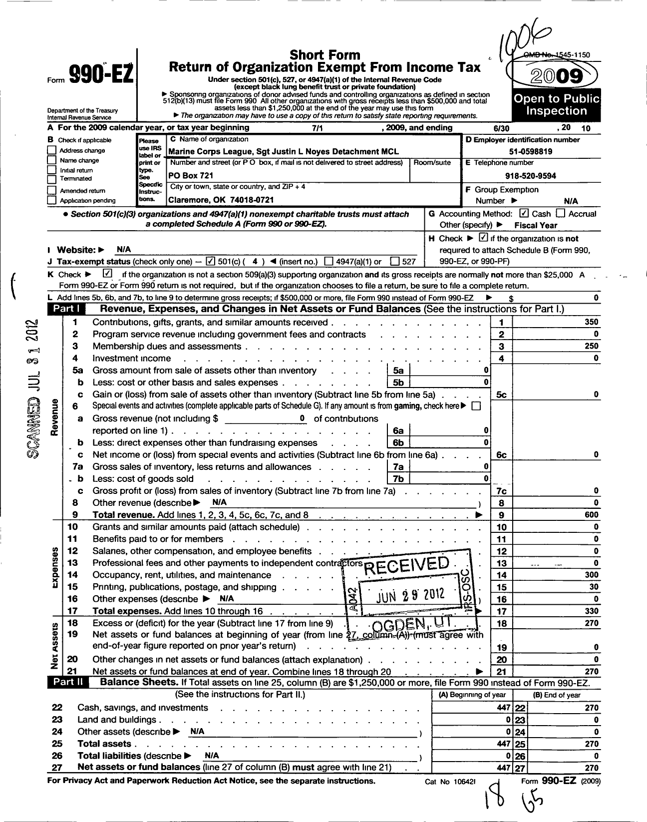 Image of first page of 2009 Form 990EO for Marine Corps League - 1294 SGT Justin L Noyes Detachment