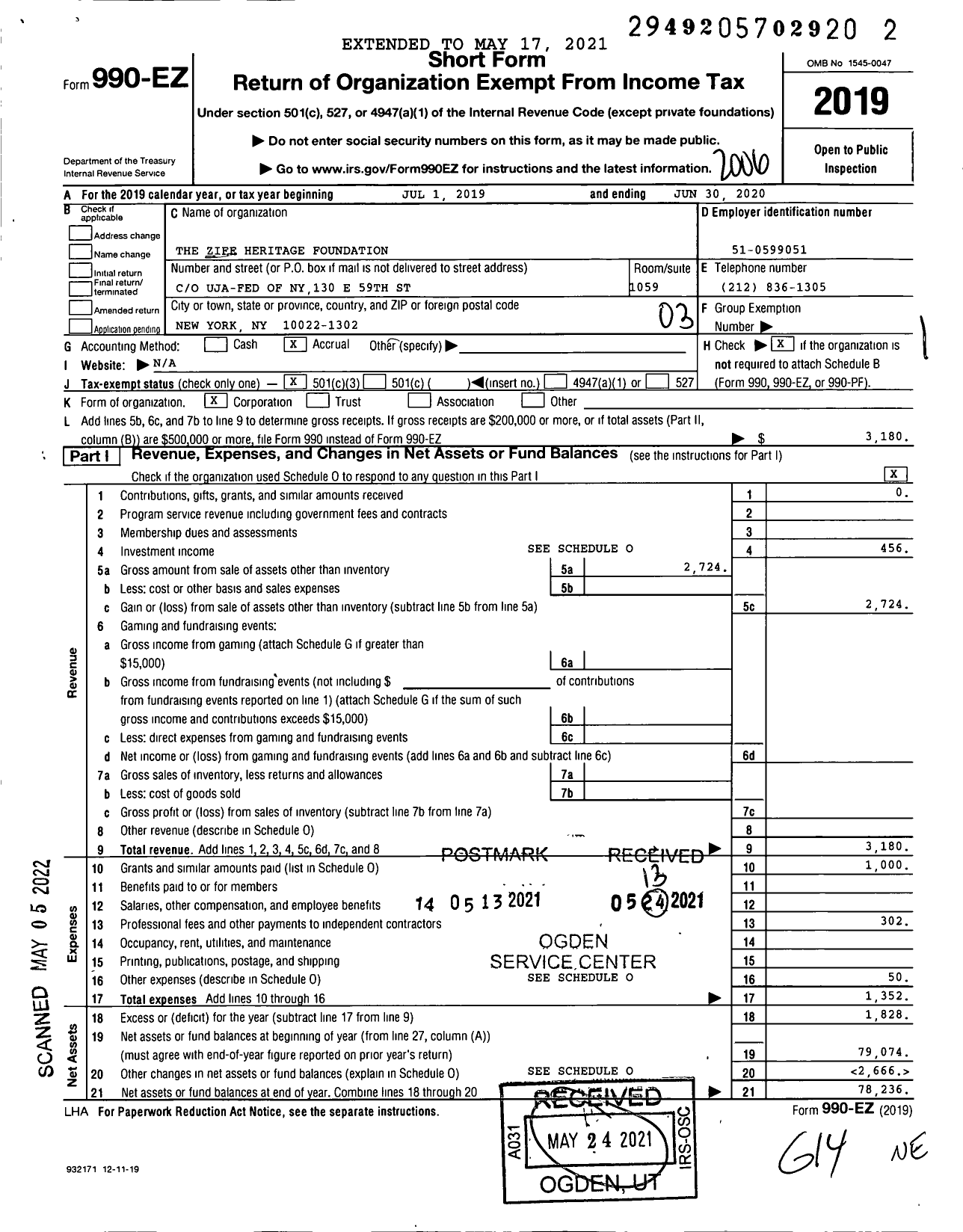 Image of first page of 2019 Form 990EZ for The Ziff Heritage Foundation