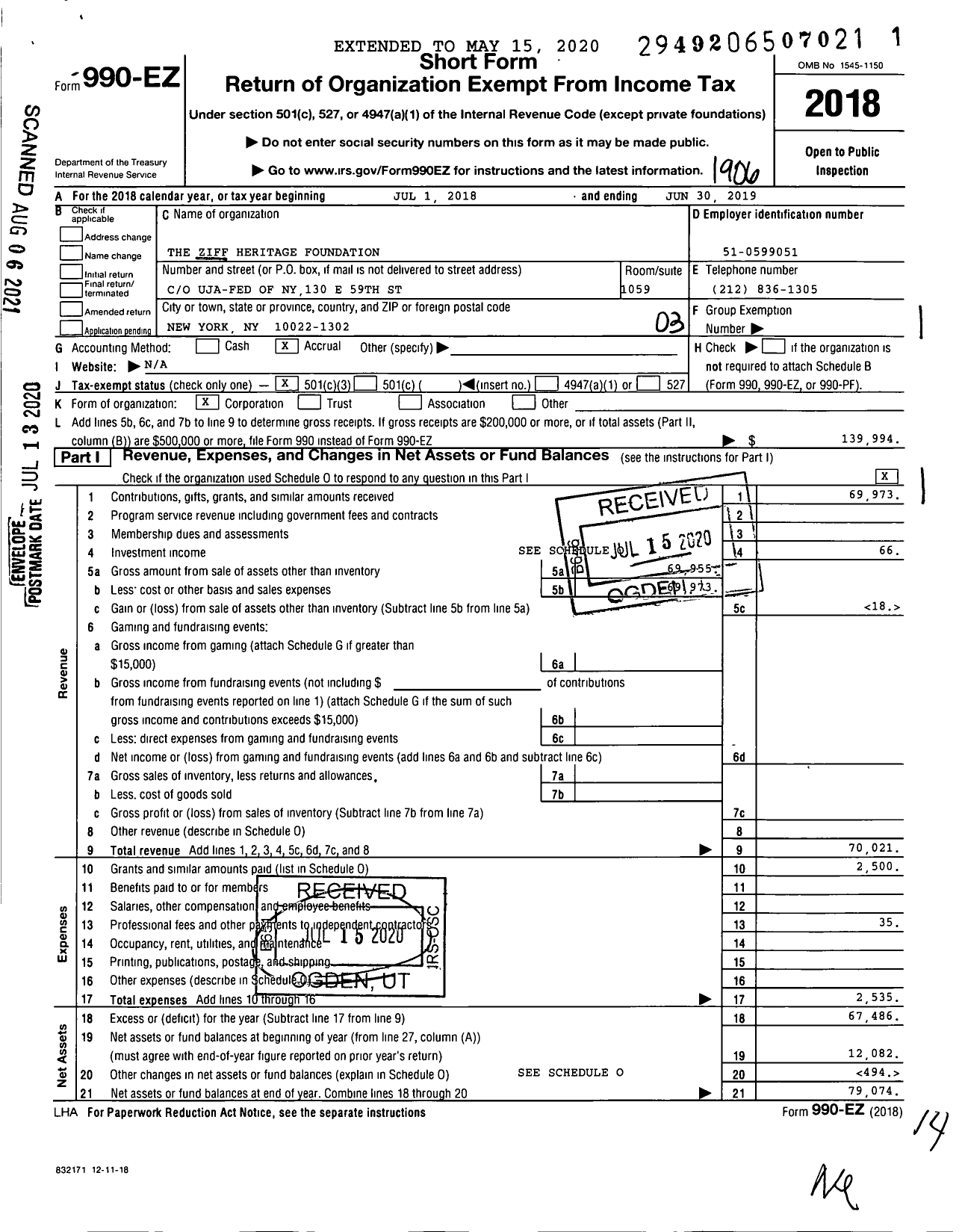 Image of first page of 2018 Form 990EZ for The Ziff Heritage Foundation