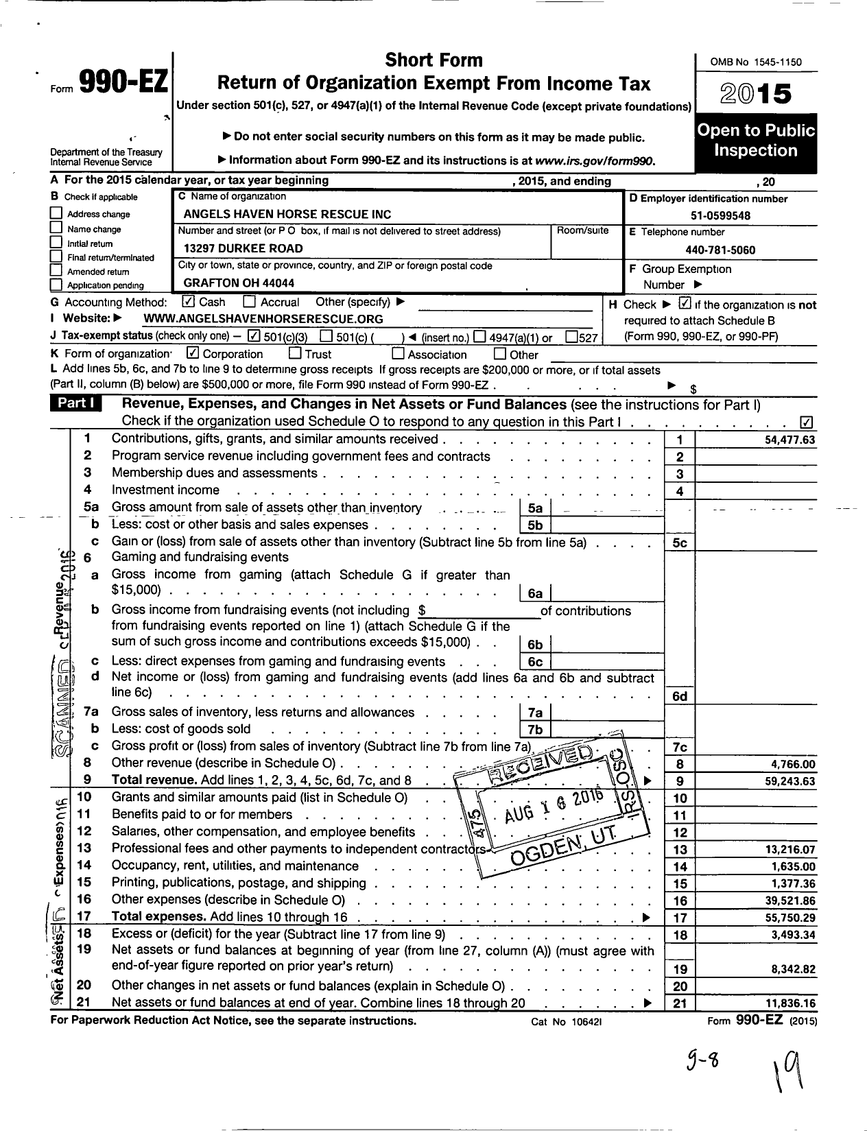 Image of first page of 2015 Form 990EZ for Angels Haven Horse Rescue