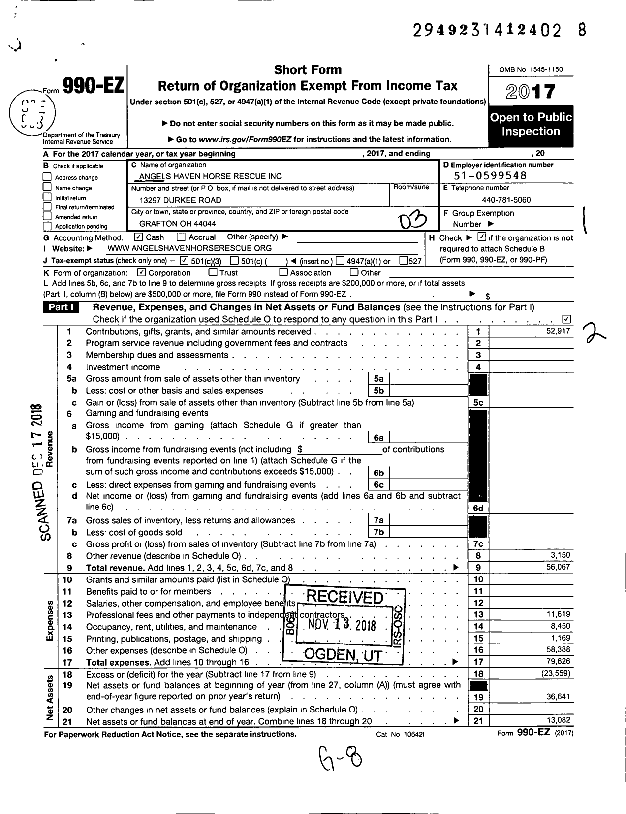 Image of first page of 2017 Form 990EZ for Angels Haven Horse Rescue