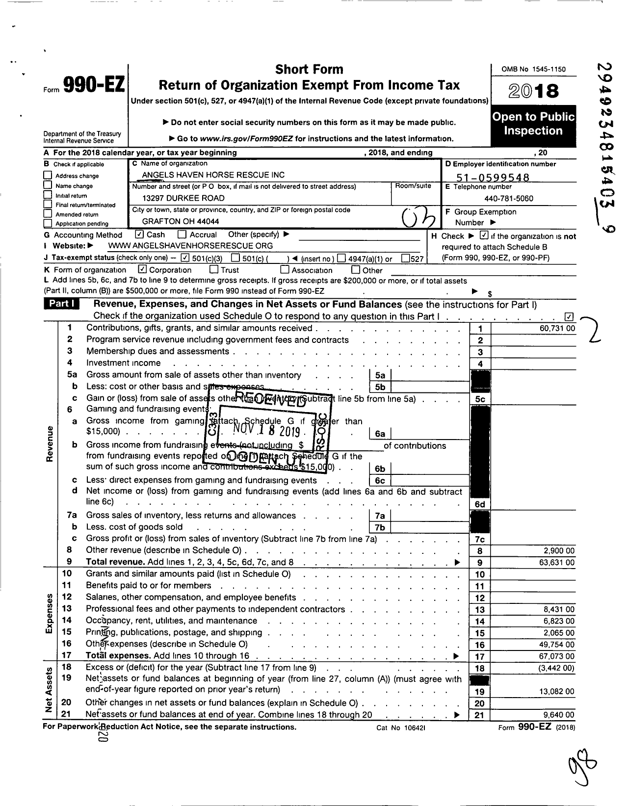 Image of first page of 2018 Form 990EZ for Angels Haven Horse Rescue