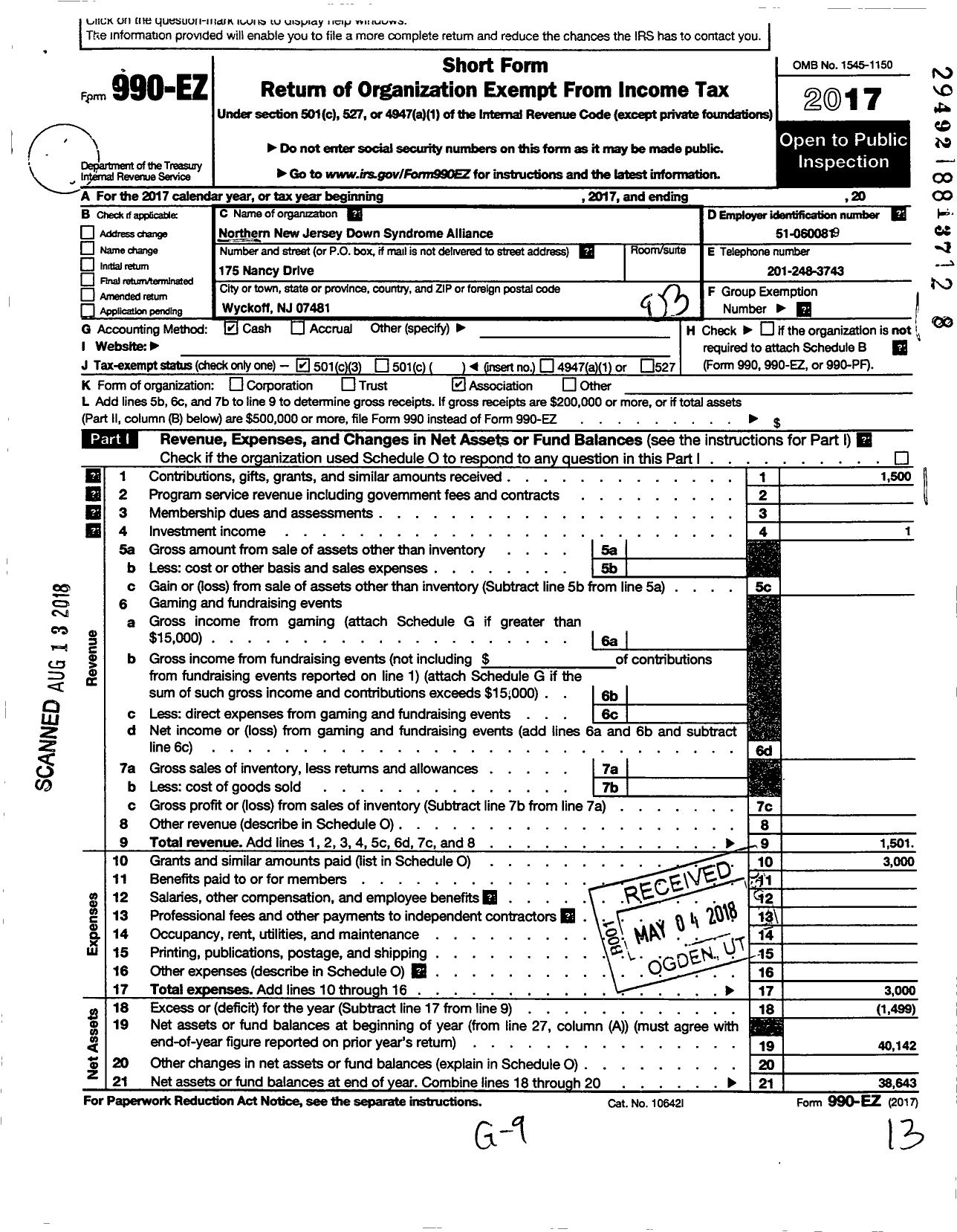 Image of first page of 2017 Form 990EZ for Northern New Jersey Down Syndrome Alliance