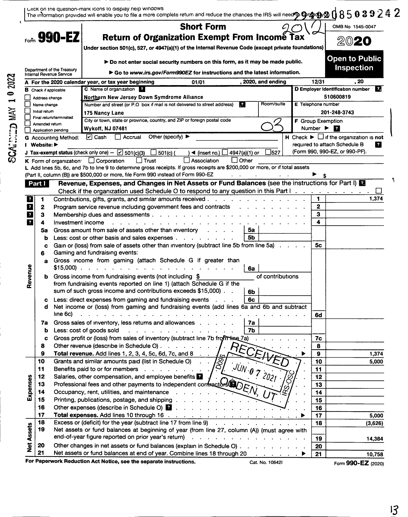 Image of first page of 2020 Form 990EZ for Northern New Jersey Down Syndrome Alliance