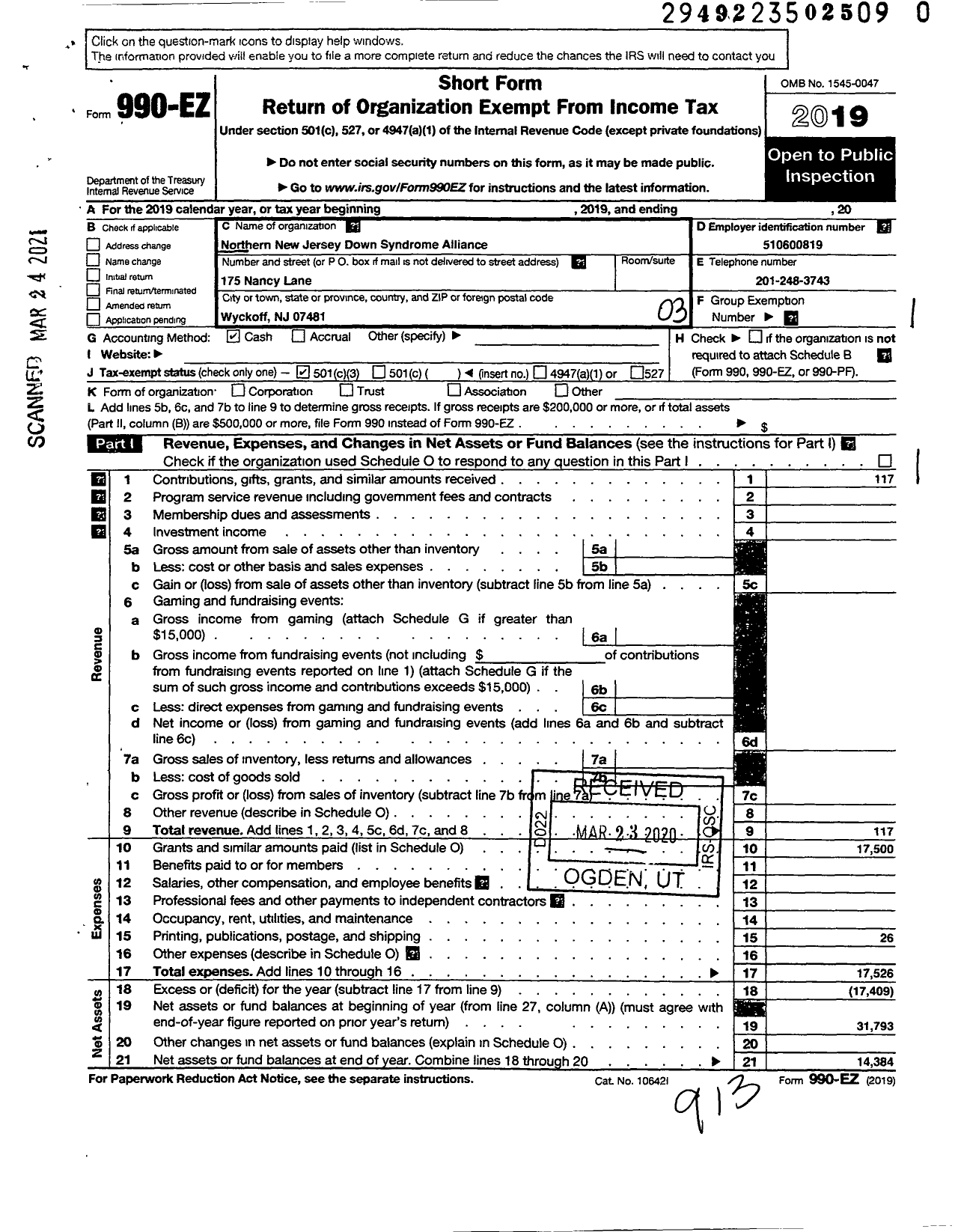 Image of first page of 2019 Form 990EZ for Northern New Jersey Down Syndrome Alliance