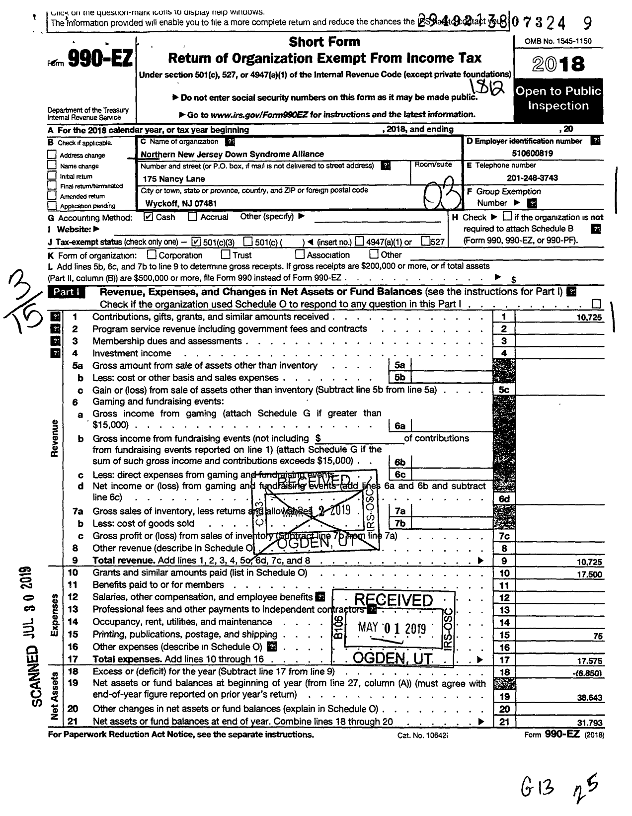 Image of first page of 2018 Form 990EZ for Northern New Jersey Down Syndrome Alliance