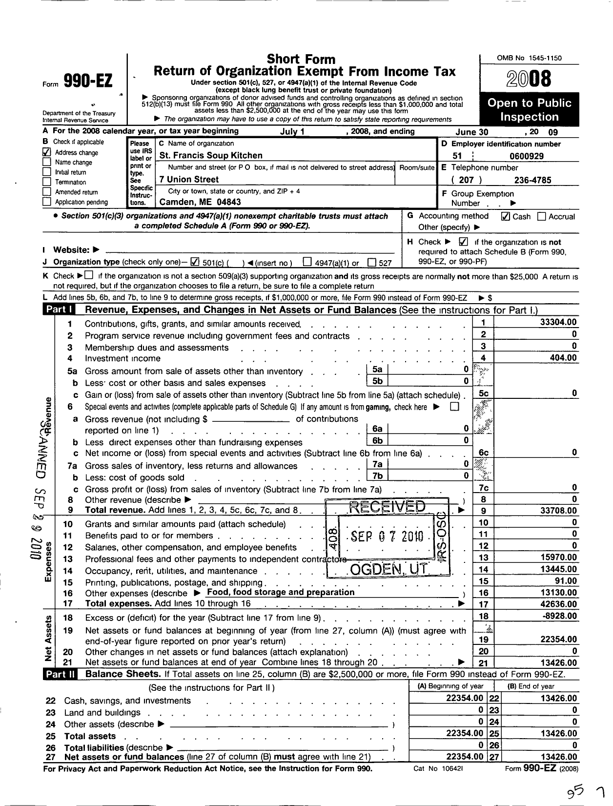 Image of first page of 2008 Form 990EO for St Francis Soup Kitchen