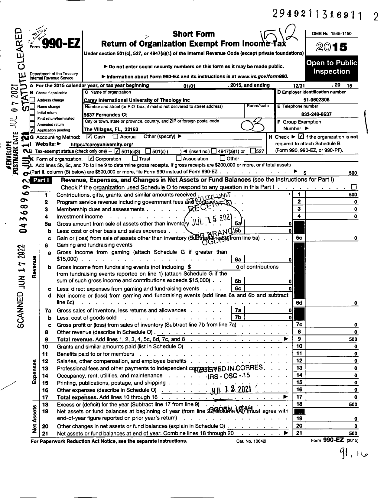 Image of first page of 2015 Form 990EZ for Carey International University of Theology