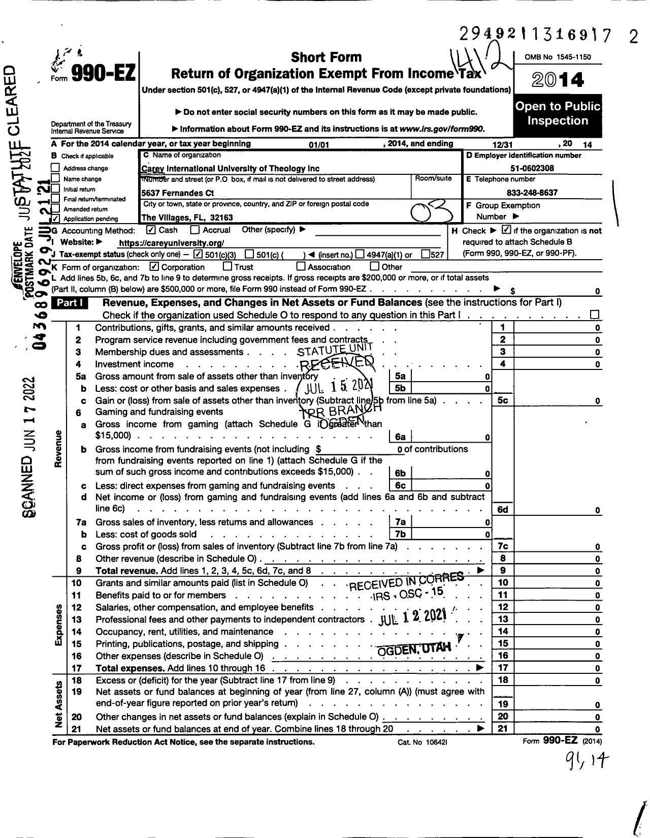 Image of first page of 2014 Form 990EZ for Carey International University of Theology