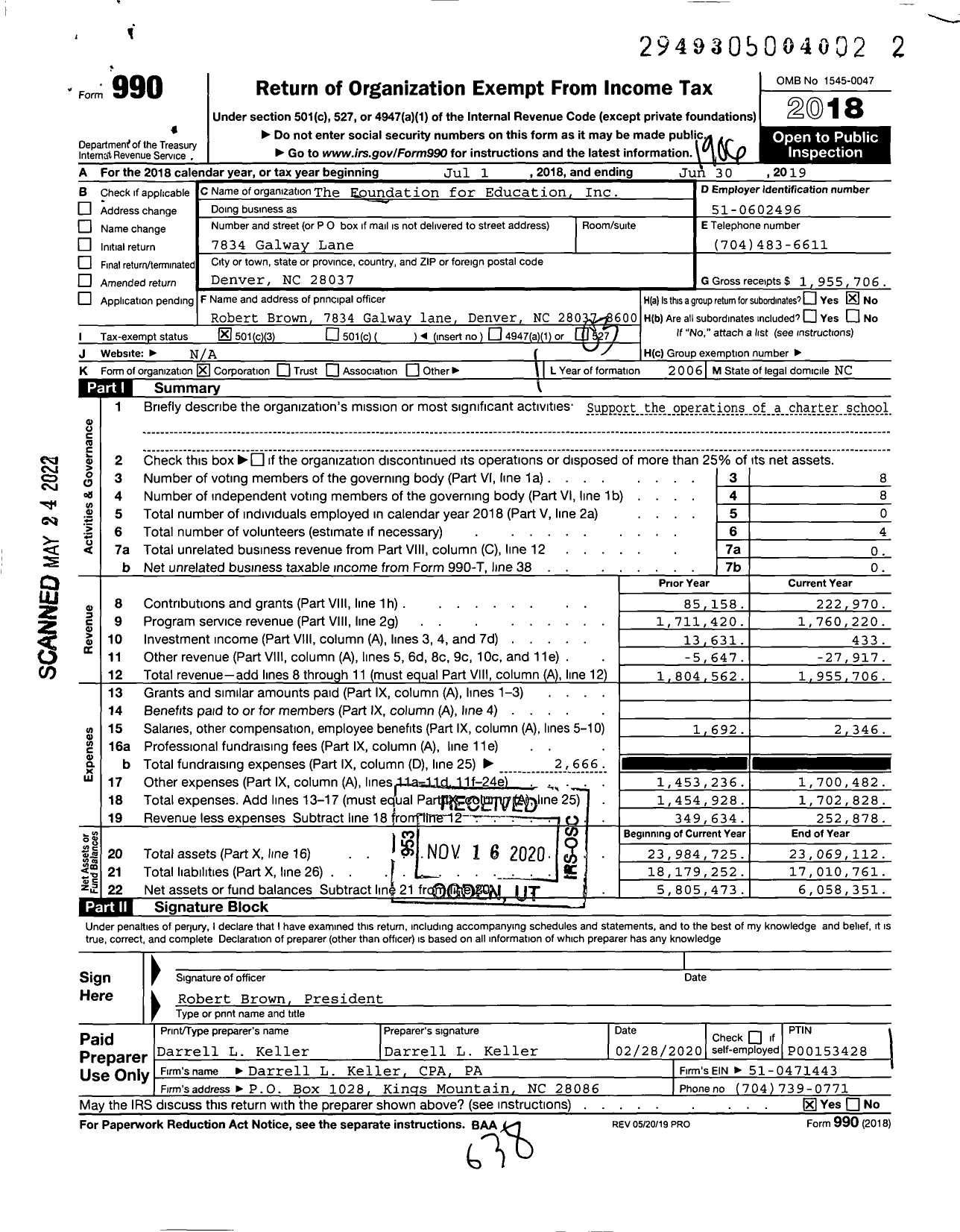 Image of first page of 2018 Form 990 for The Foundation for Education